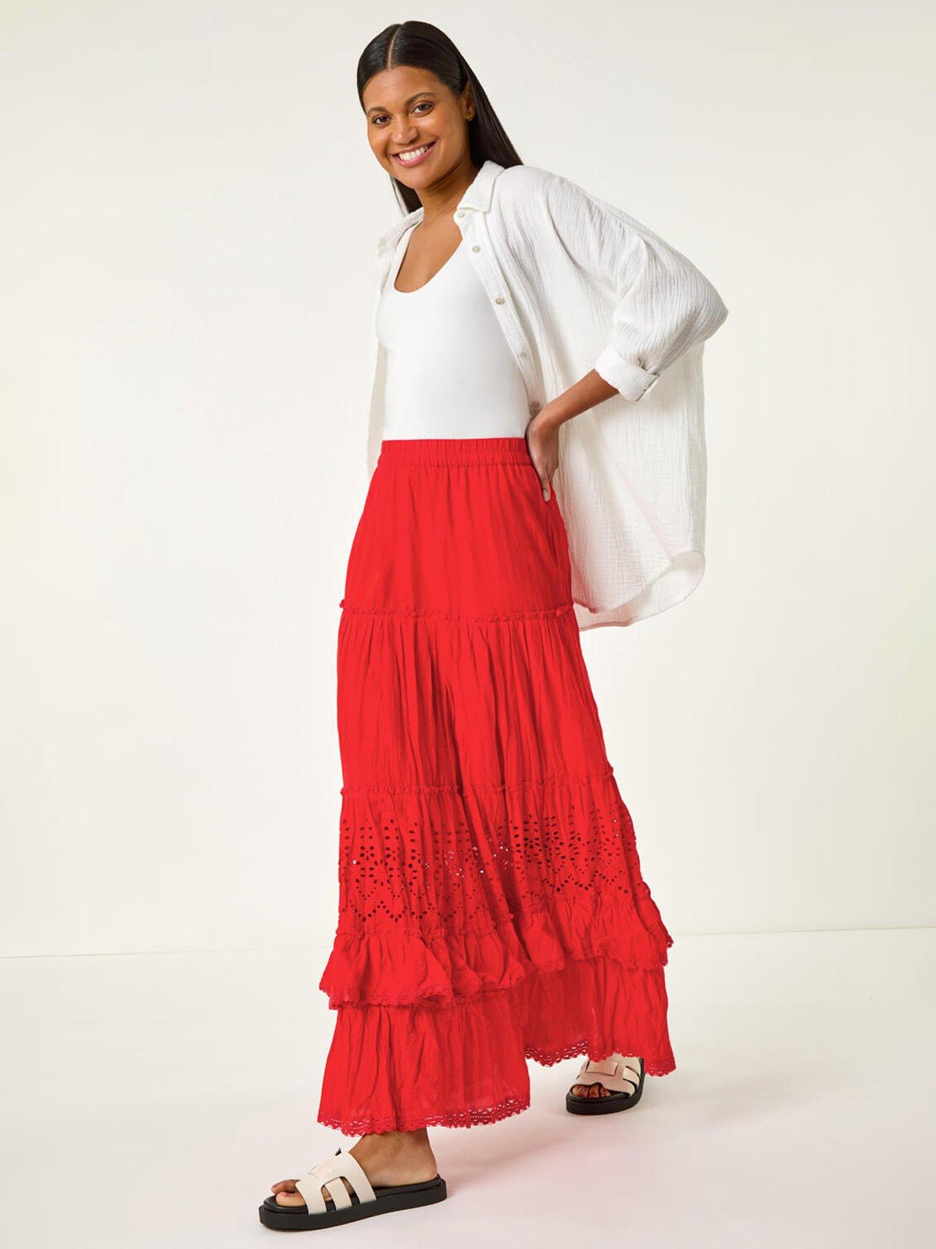 Roman Broderie Tiered Maxi Skirt - Red