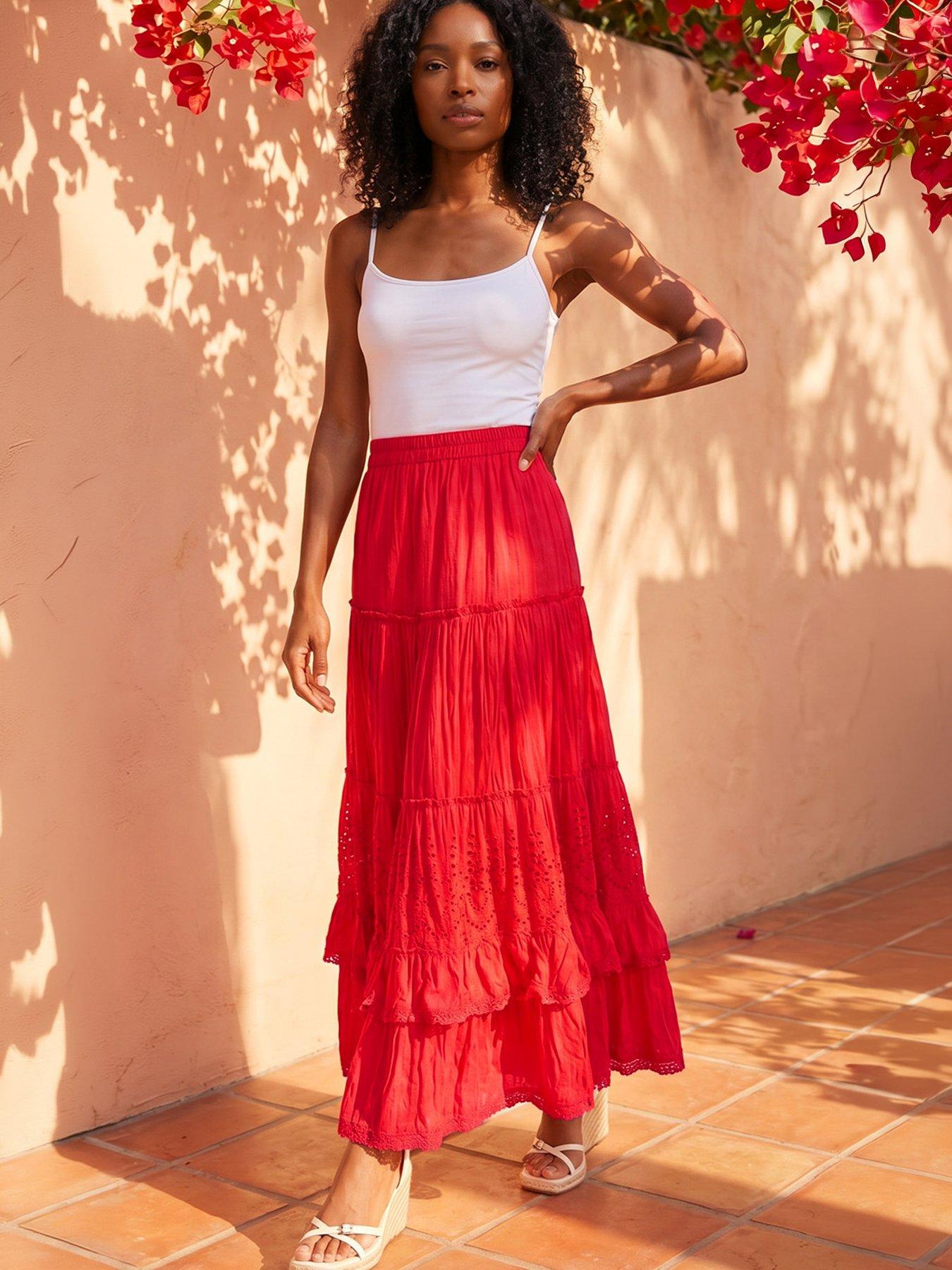 Roman Broderie Tiered Maxi Skirt - Red