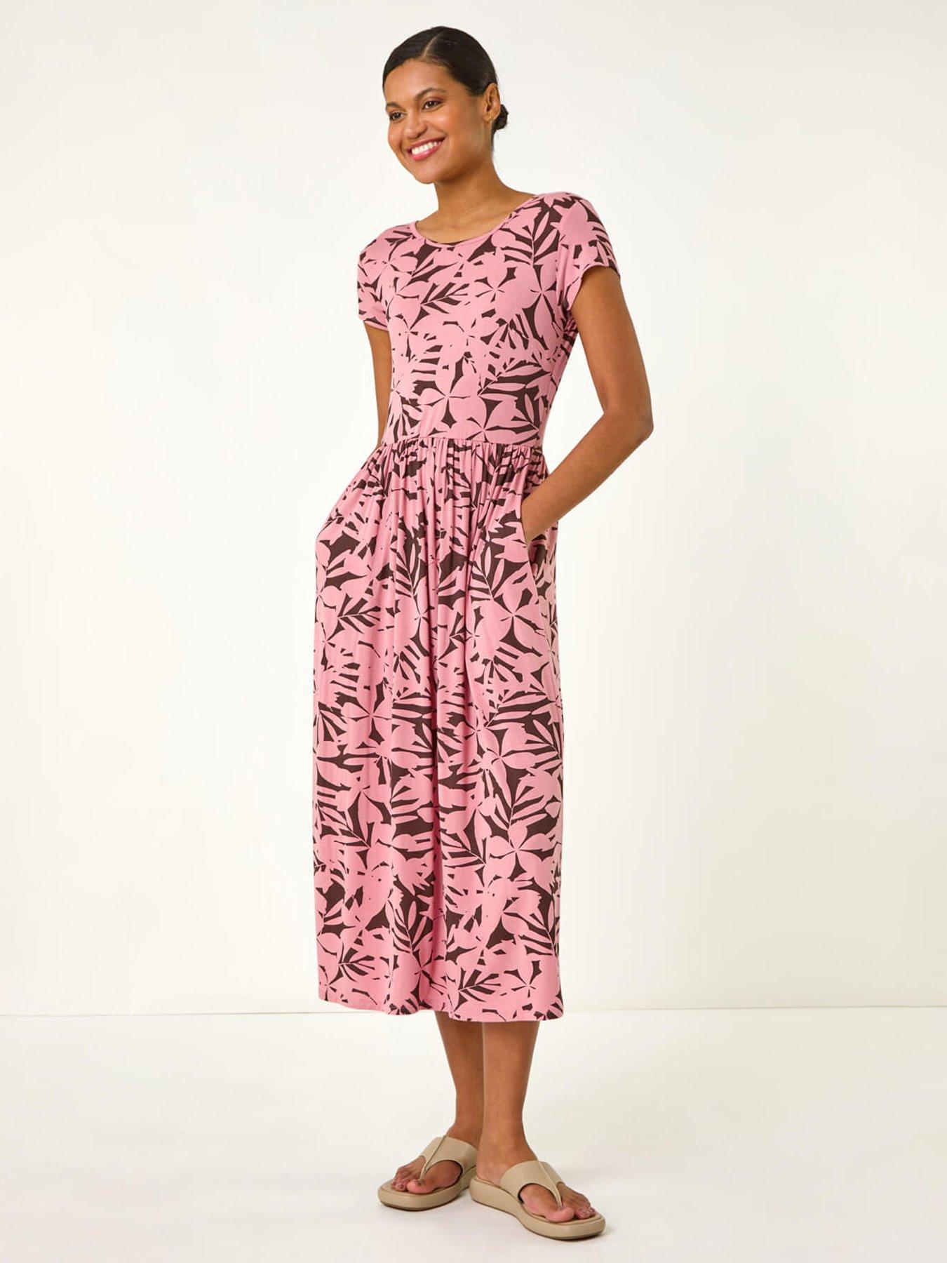 Roman Floral Print Stretch Midi Dress - Pink