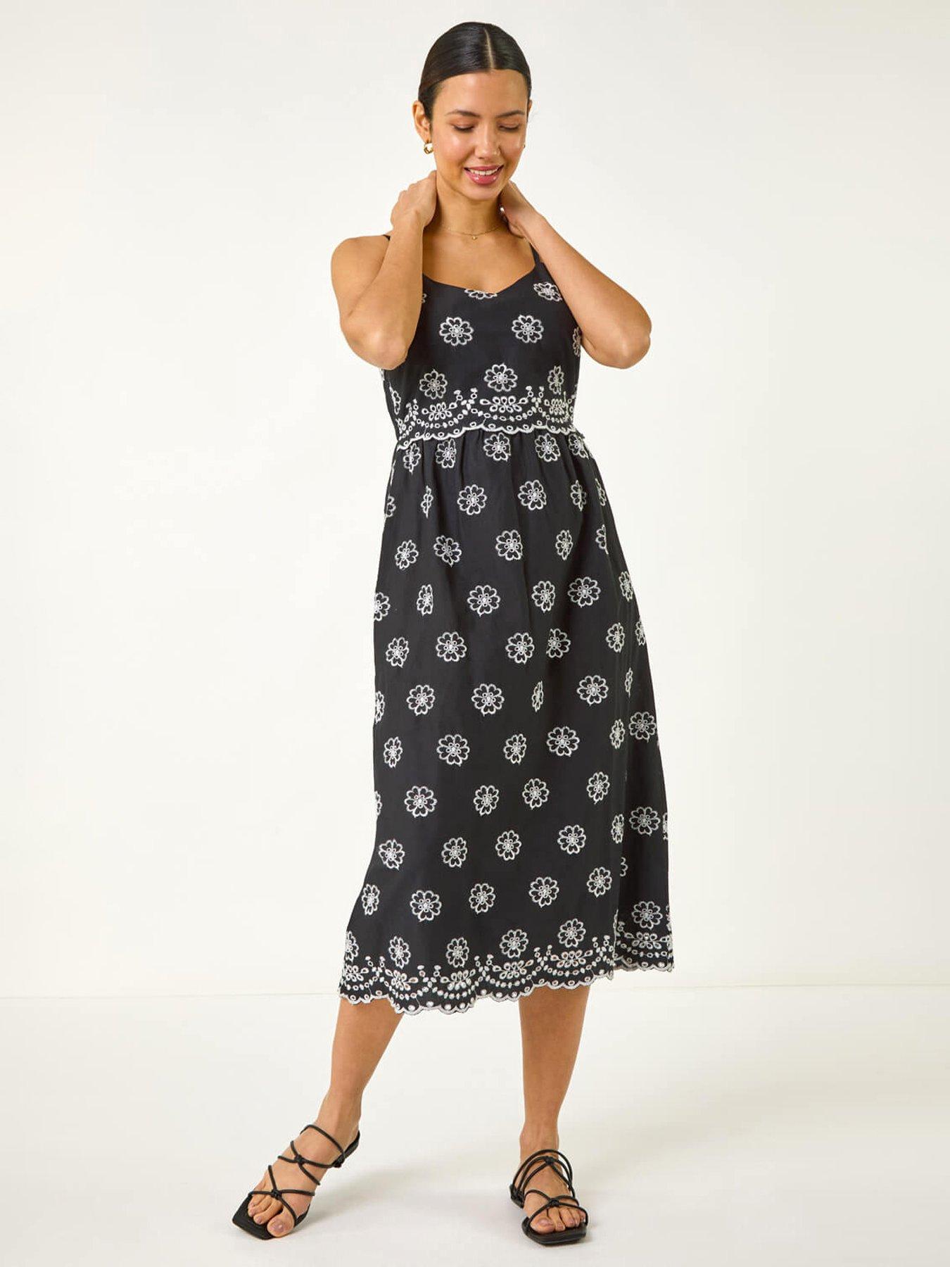 undefined Embroidered Strap Sun Midi Dress - Black