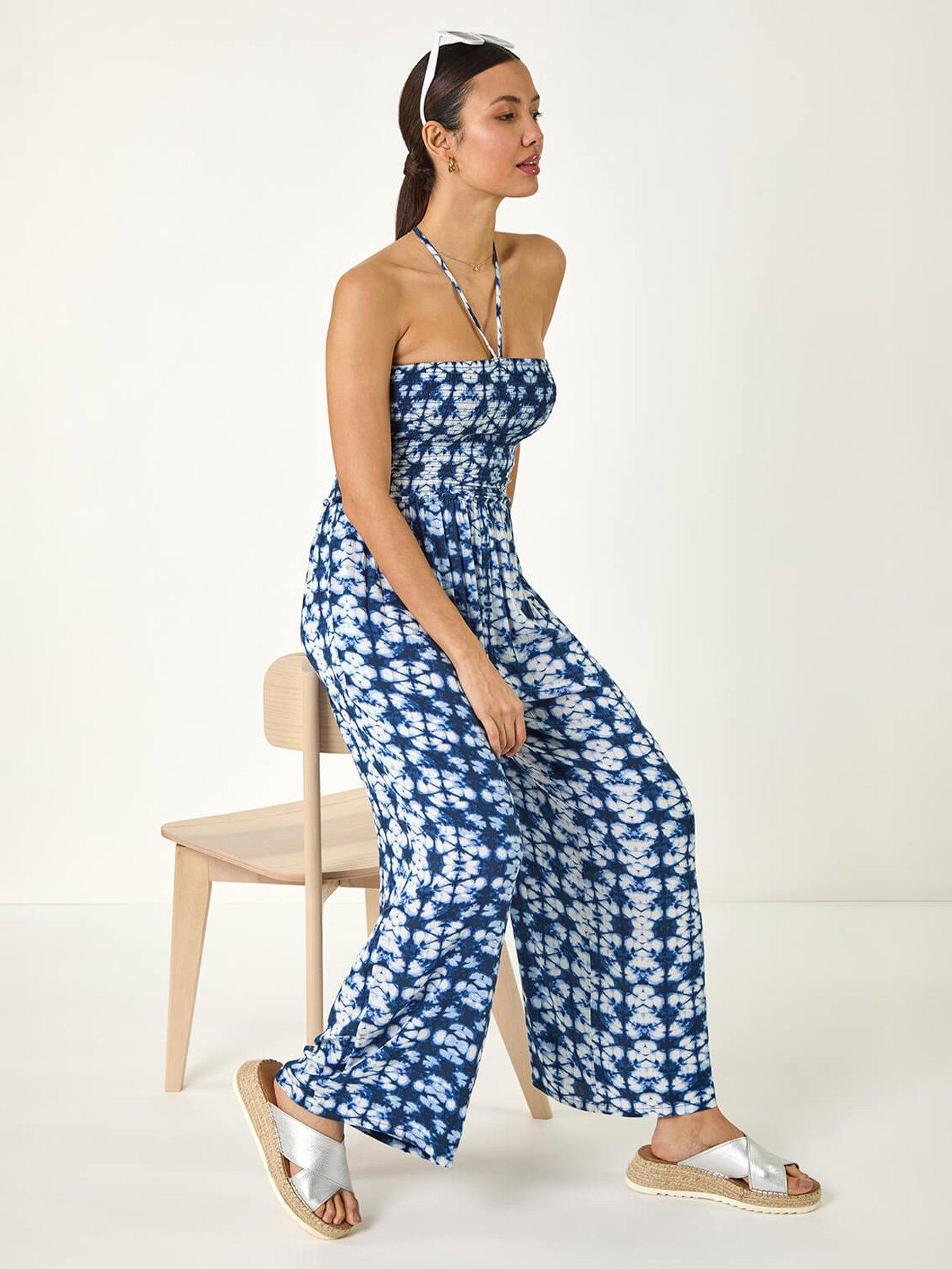 undefined Abstract Shirred Bardot Jumpsuit - Navy