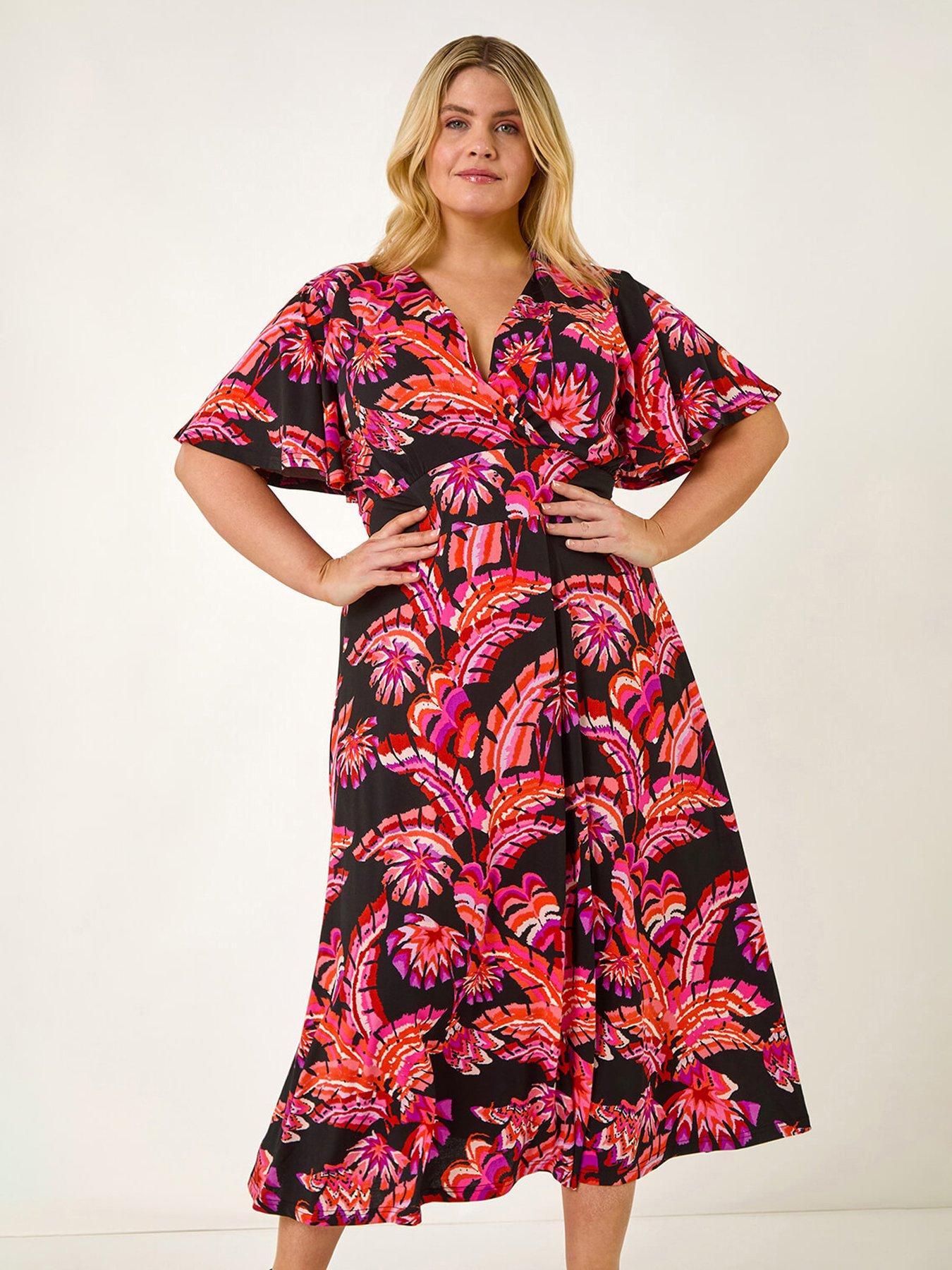 undefined Curve Leaf Print Wrap Midi Dress - Pink