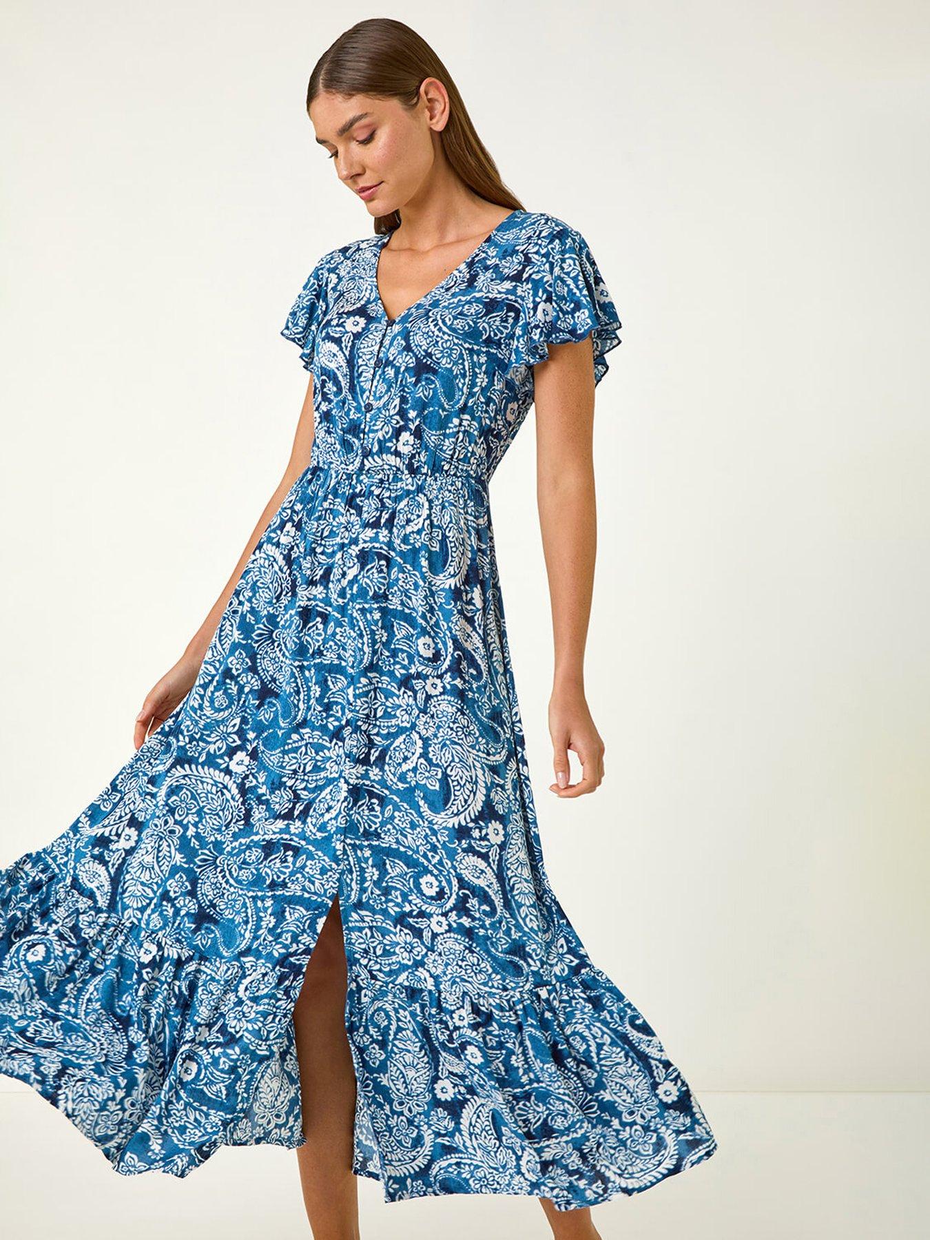Roman Paisley Print Crinkle Maxi Dress, Navy, Size 18, Women