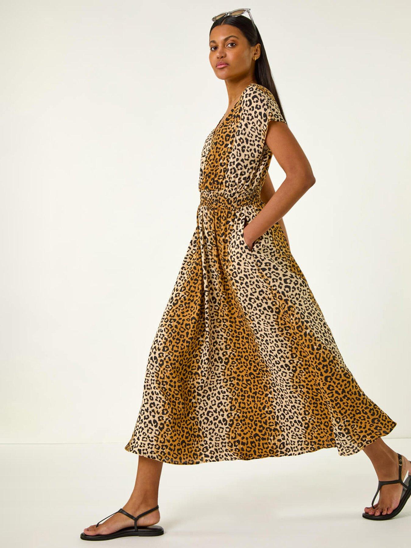 undefined Animal Print Shirred Waist Maxi Dress - Camel