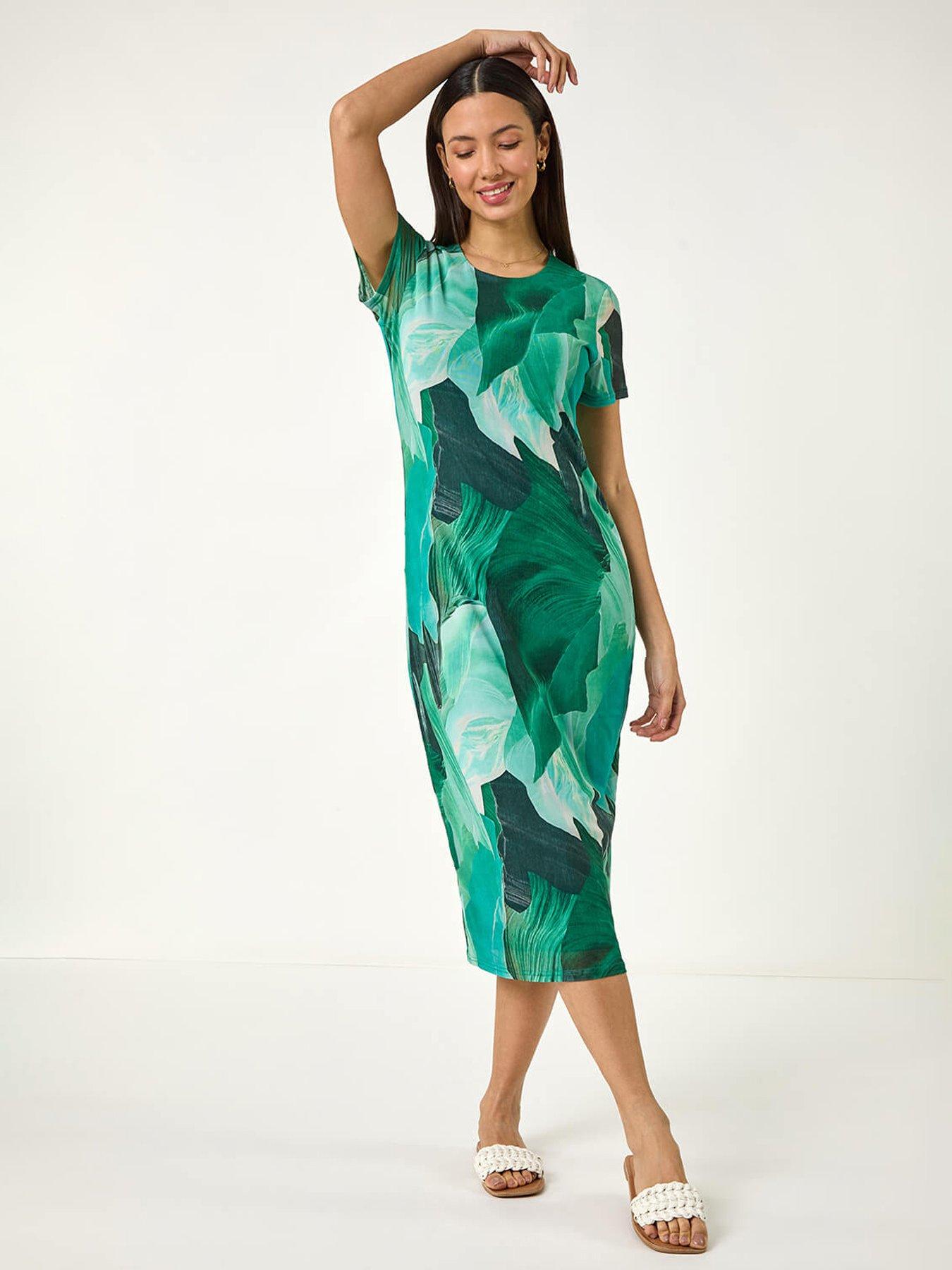 undefined Leaf Print Mesh Midi Dress - Green