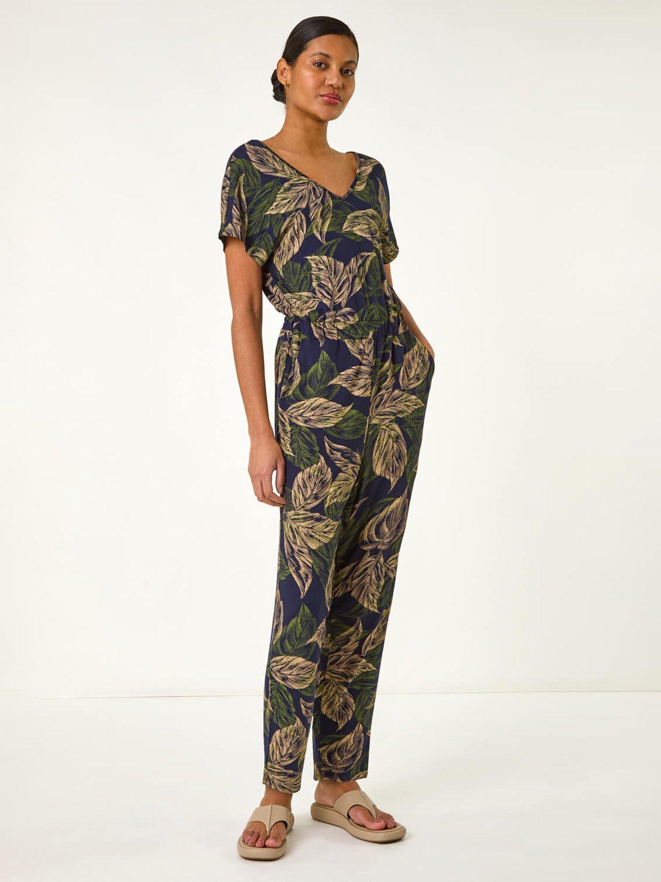 undefined Leaf Print V-neck Jumpsuit - Navy