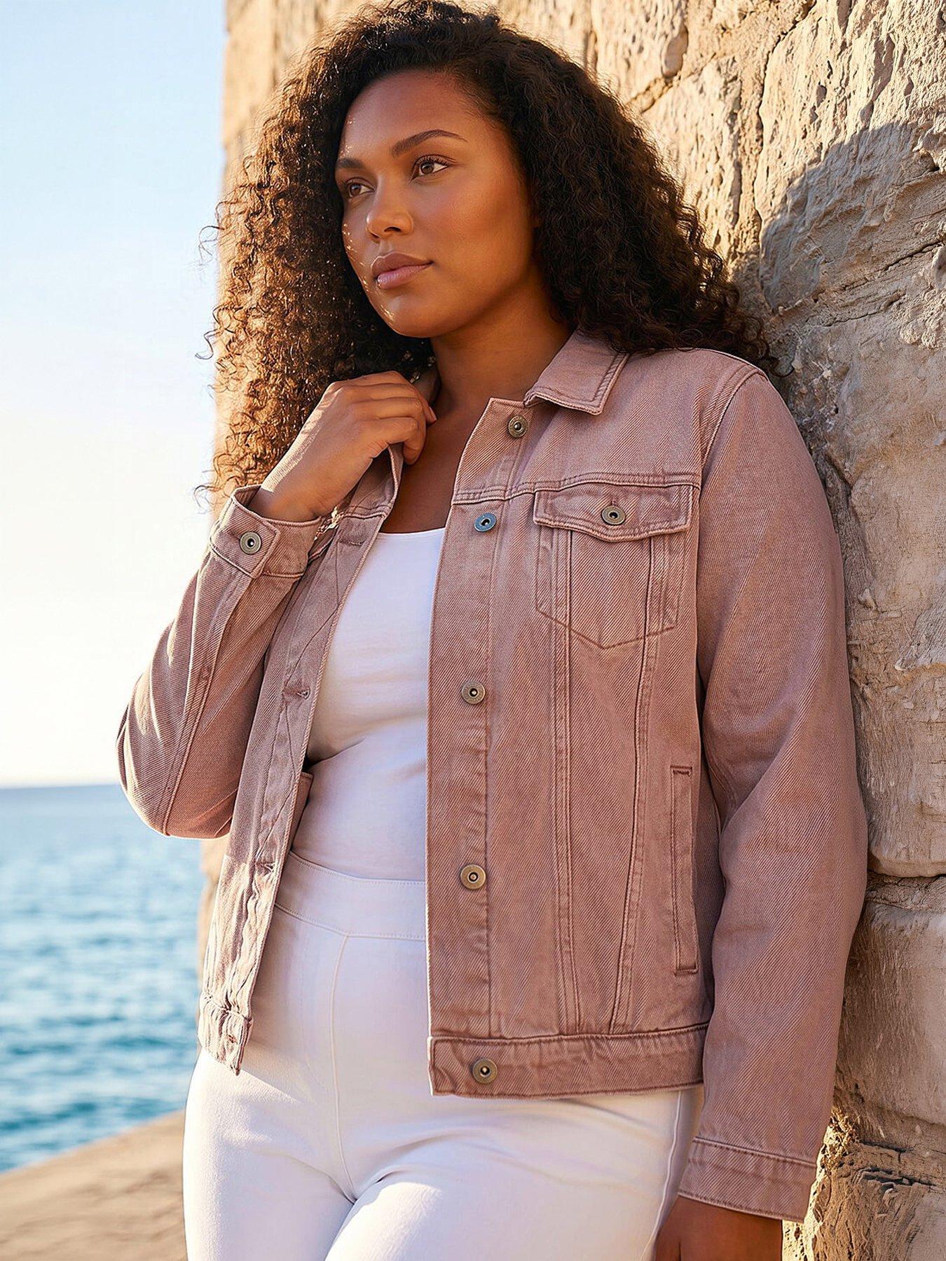 Roman Curve Mid Wash Denim Jacket, Pink, Size 22-24, Women