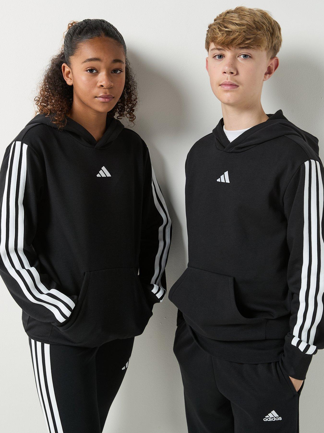 adidas Sportswear Junior Unisex Essentials Three Stripe Hoodie- Black, Black/White, Size 15-16 Years