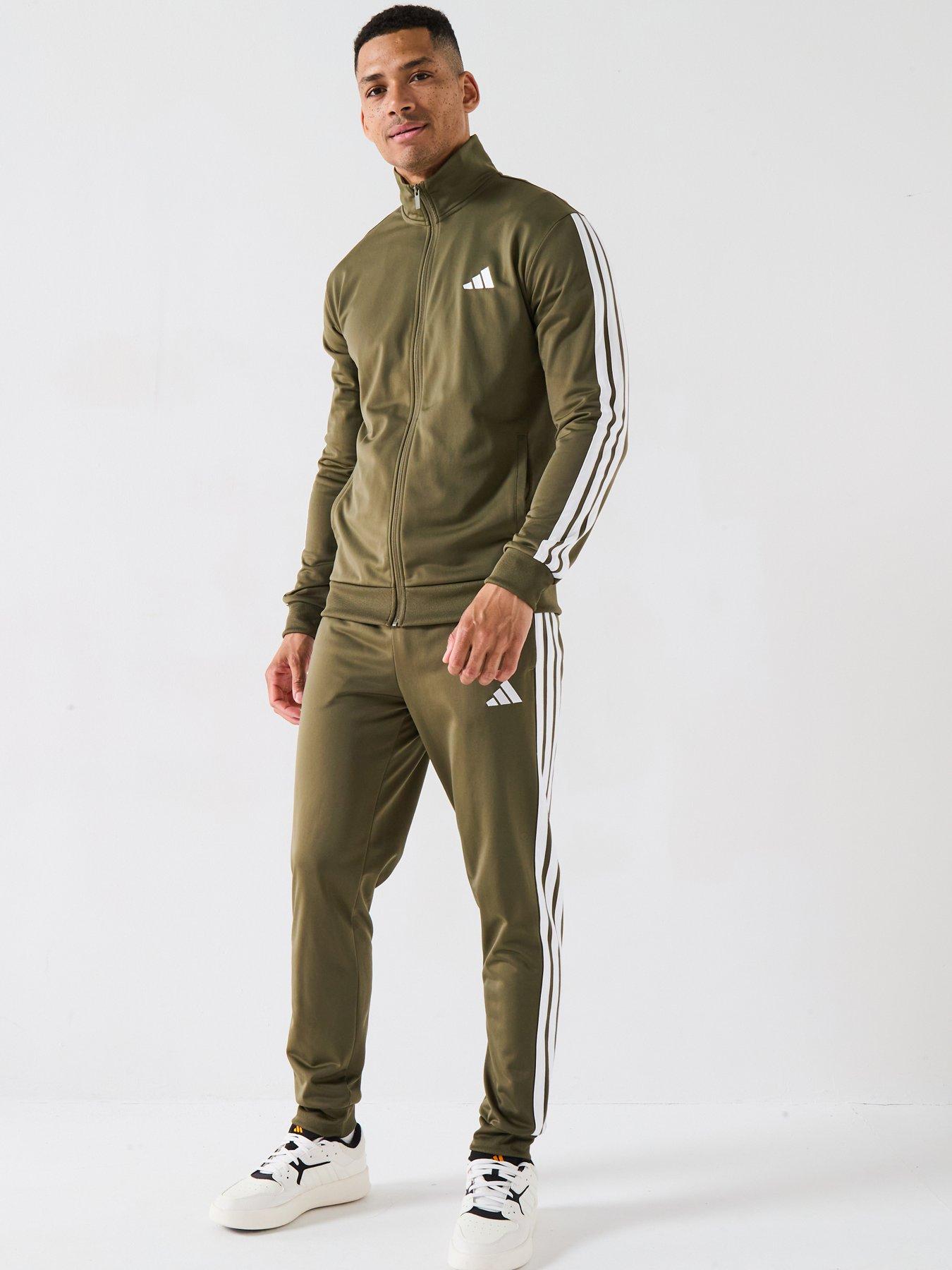 adidas Sportswear Men's Sportswear Basic 3-stripes Tricot Tracksuit, Olive Strata/White, Size L, Men