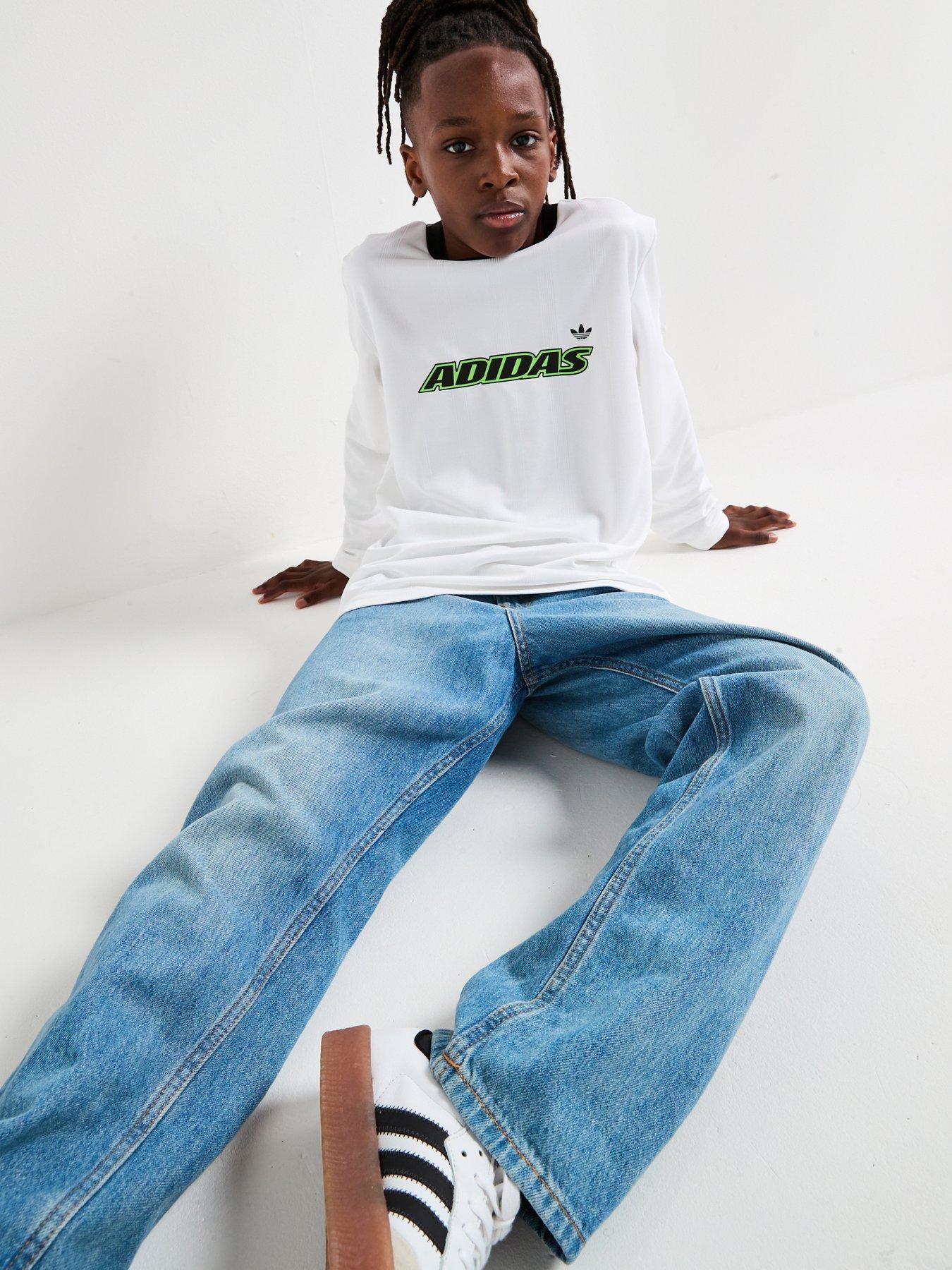 adidas Originals Junior Boys Adicolor Long Sleeve Graphic T-shirt, White/Black, Size 8-9 Years