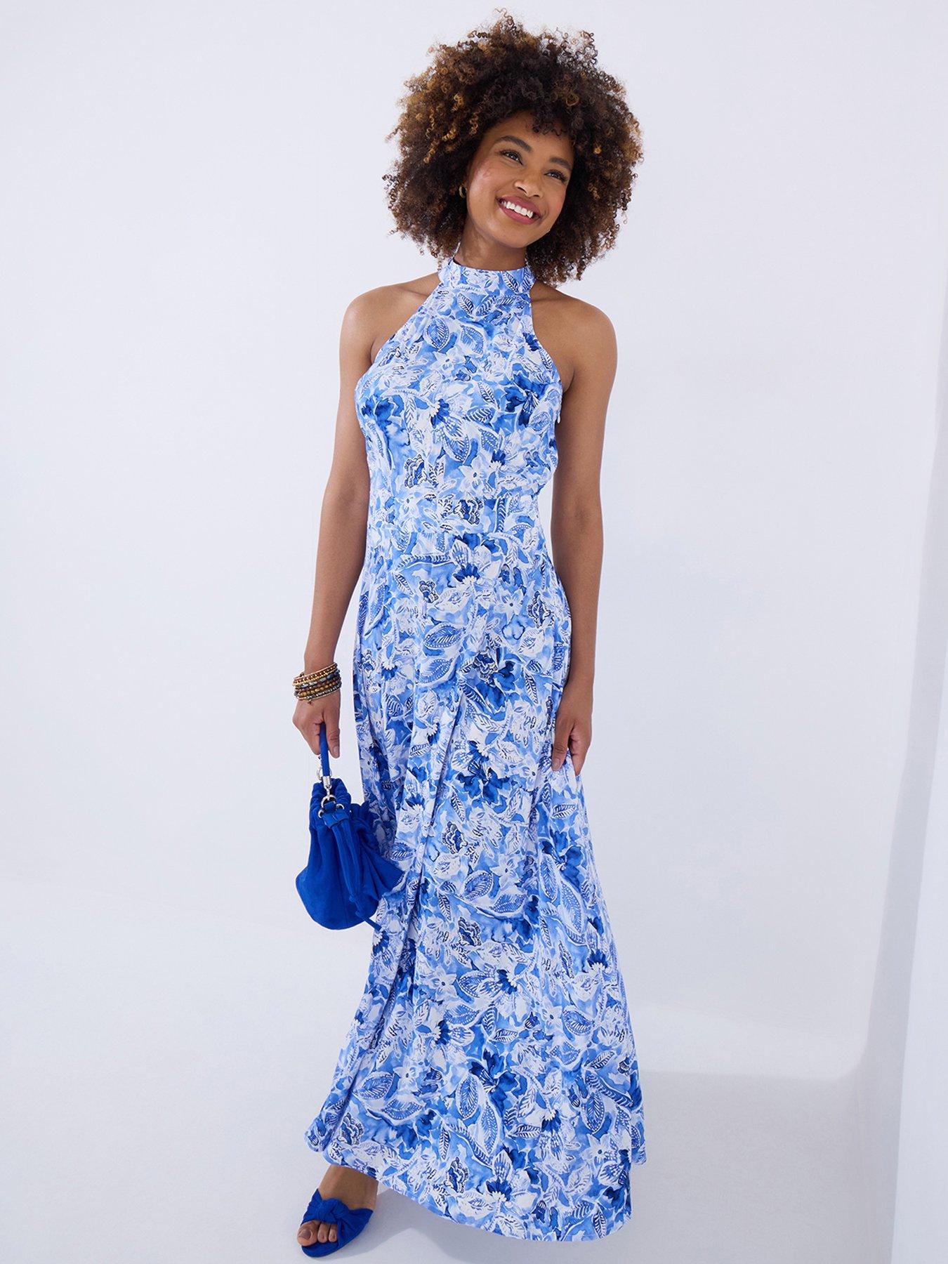 undefined Petite Sasha Floral Print Halterneck Dress - Blue