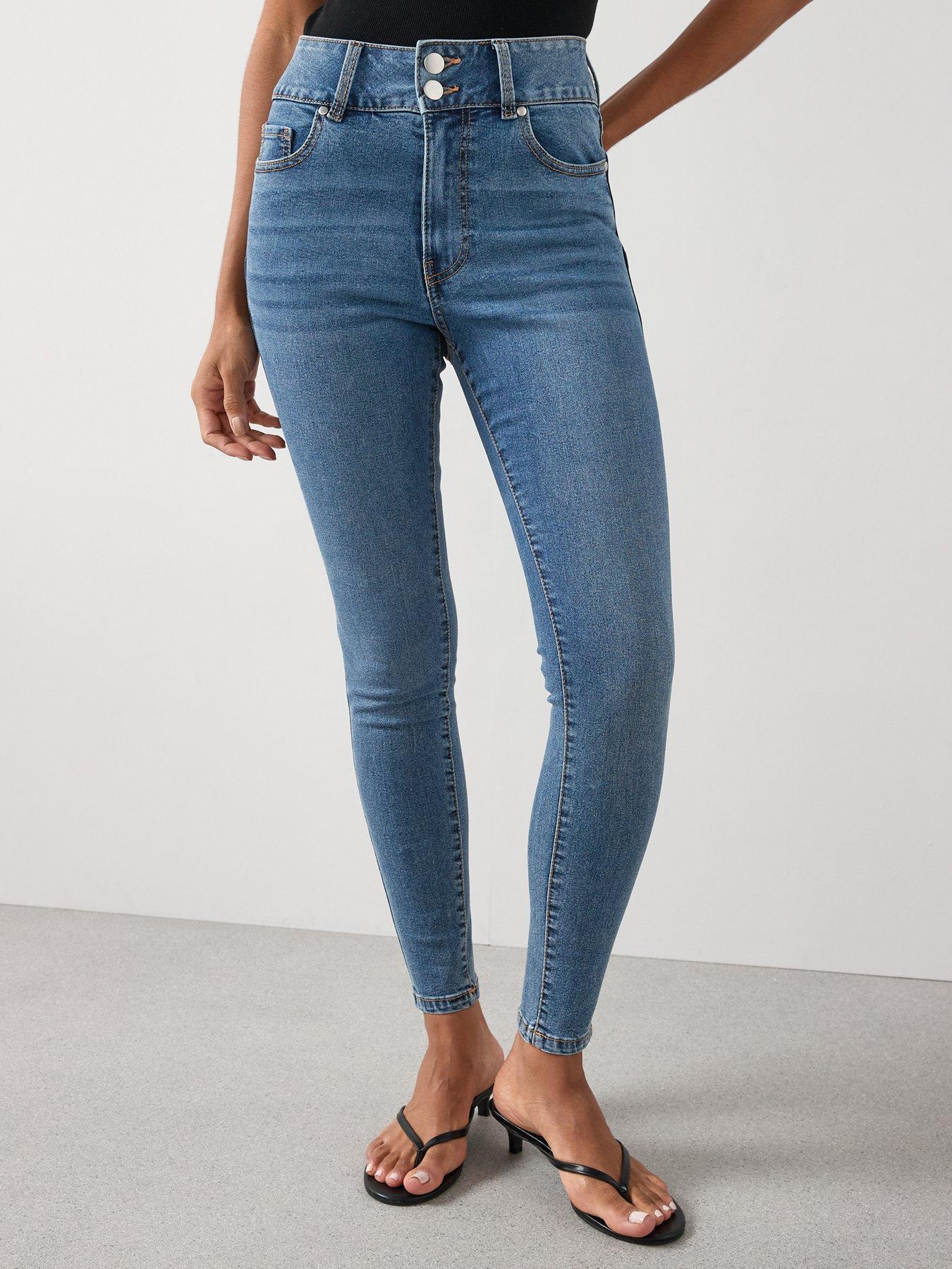 V by Very Sculpt Double Button Skinny Jeans - Mid Wash