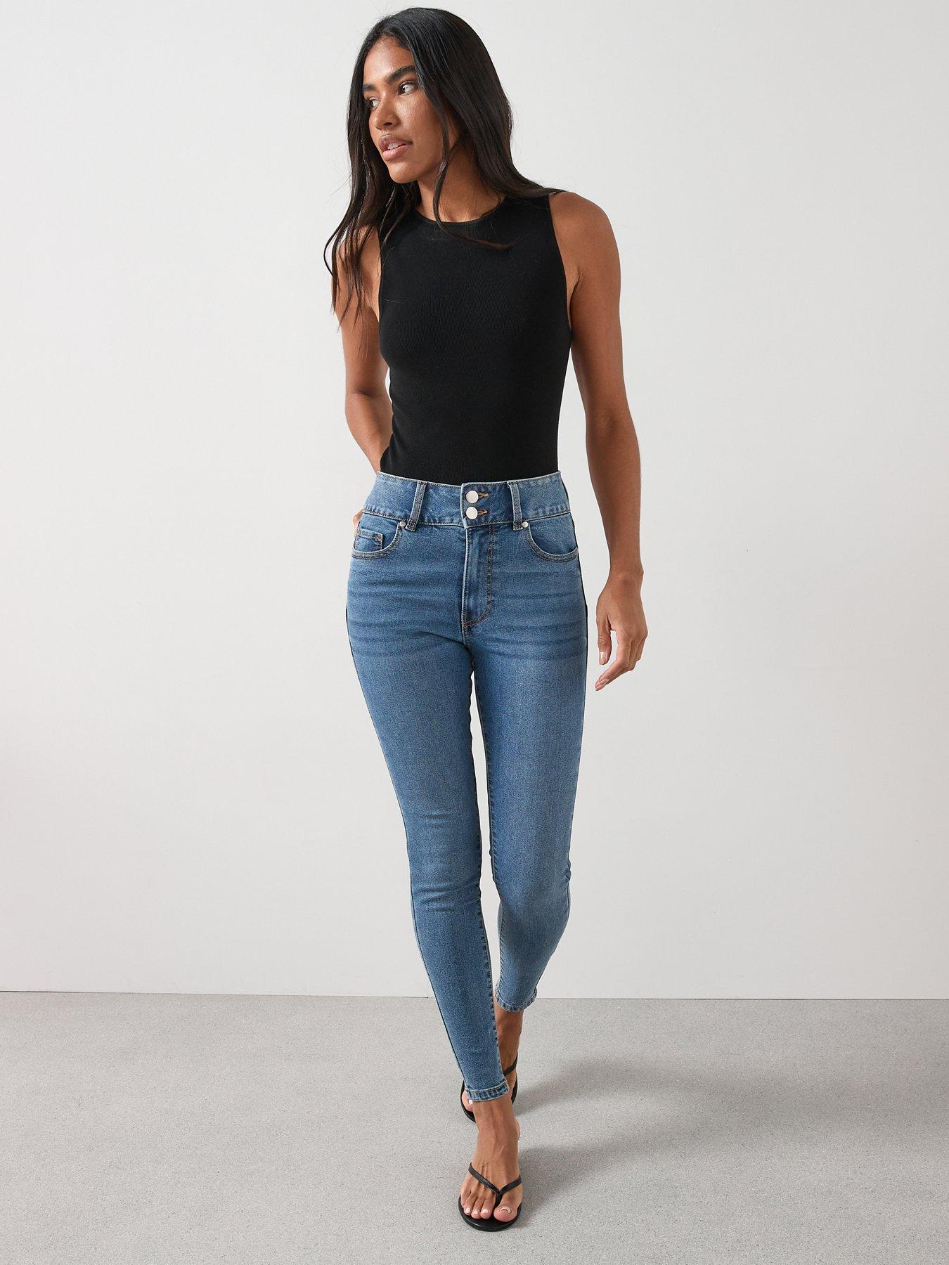 Image 3 of 7 of The Very Collection Shaping Double Button Skinny Jeans - Mid Wash