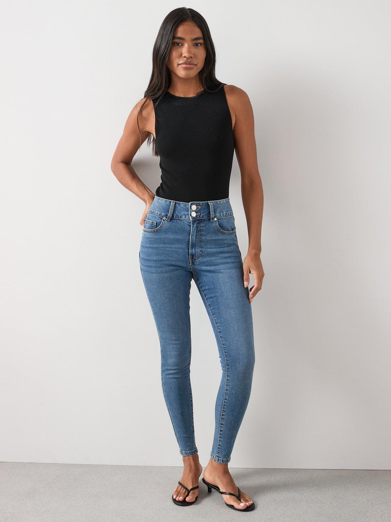 Image 5 of 7 of The Very Collection Shaping Double Button Skinny Jeans - Mid Wash
