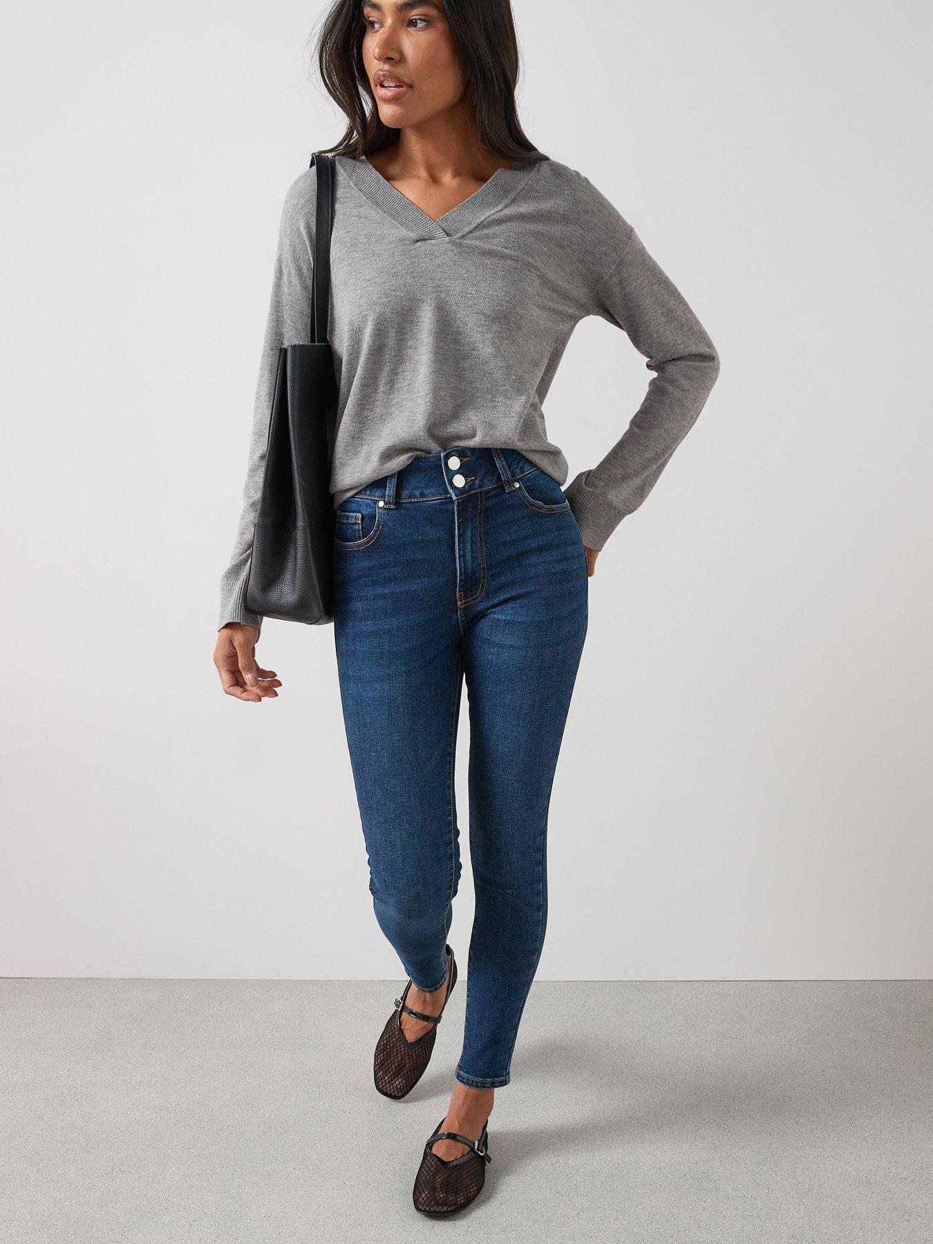 Image 1 of 7 of The Very Collection Shaping Double Button Skinny Jeans - Dark Wash