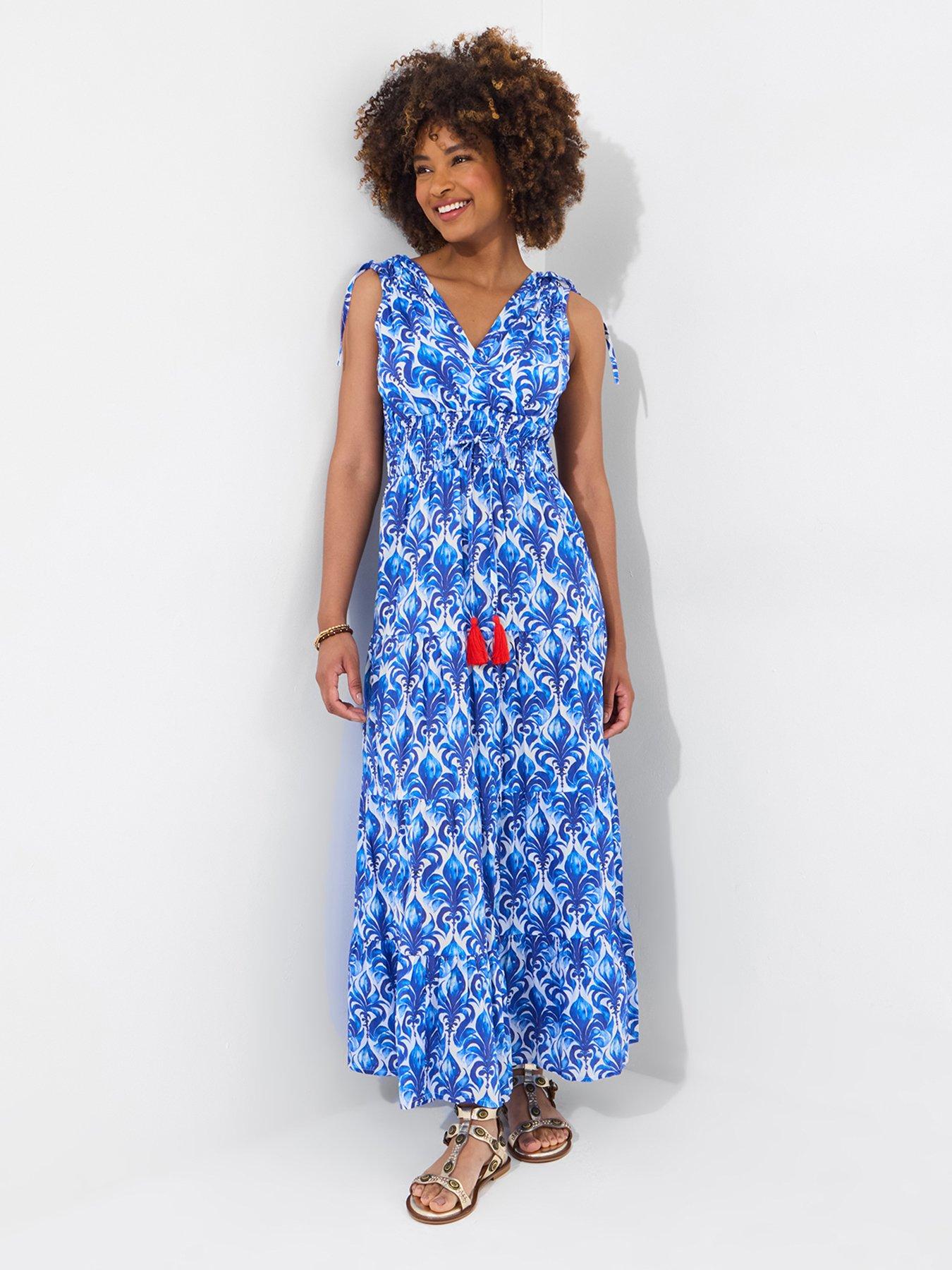 undefined Petite Santorini Blues Tie Shoulder Cotton Maxi Dress - Blue