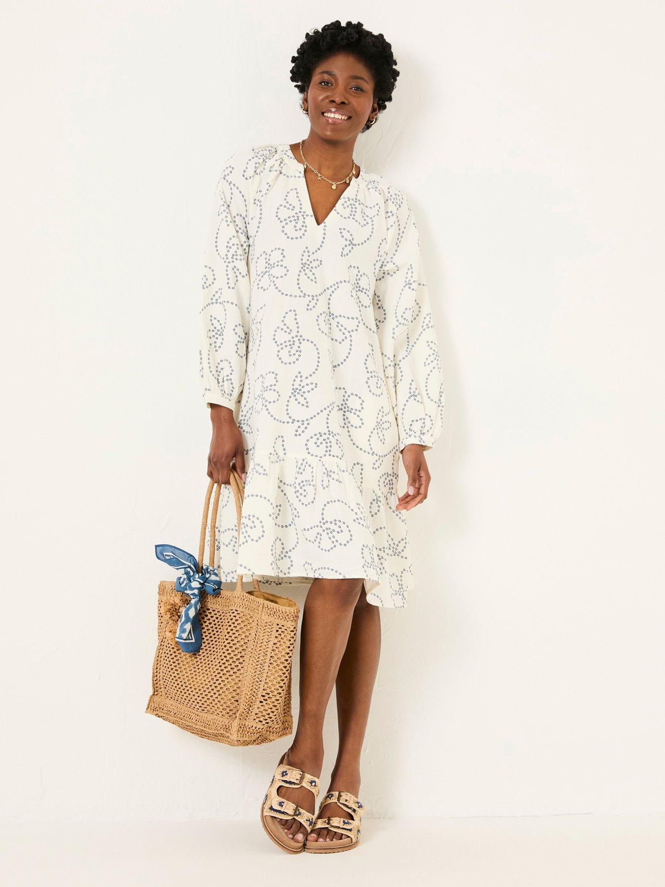 FatFace Frill Emb Tunic Dress - White
