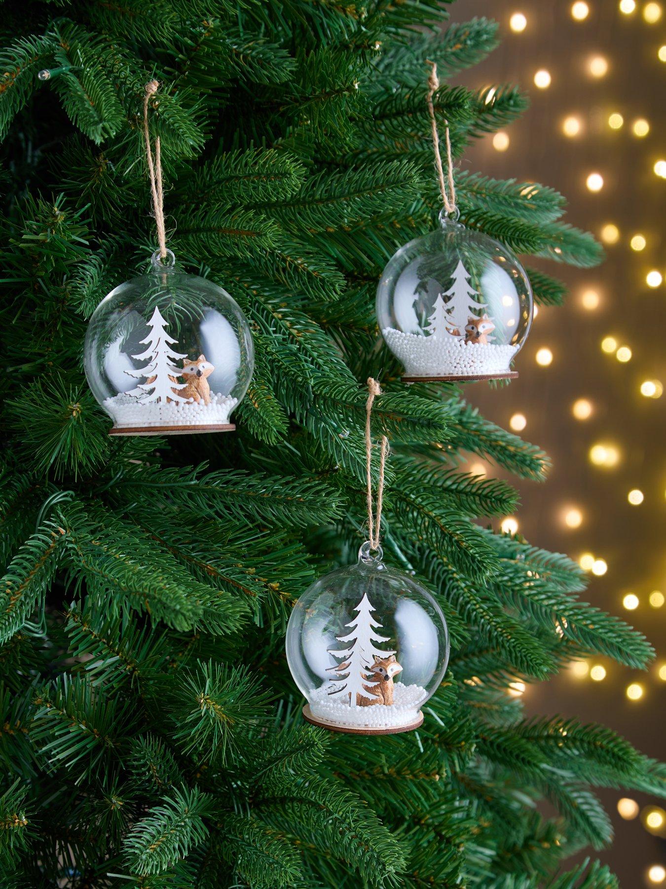 Very Home Set of 3 Glass Snow  &  Fox Christmas Tree Baubles