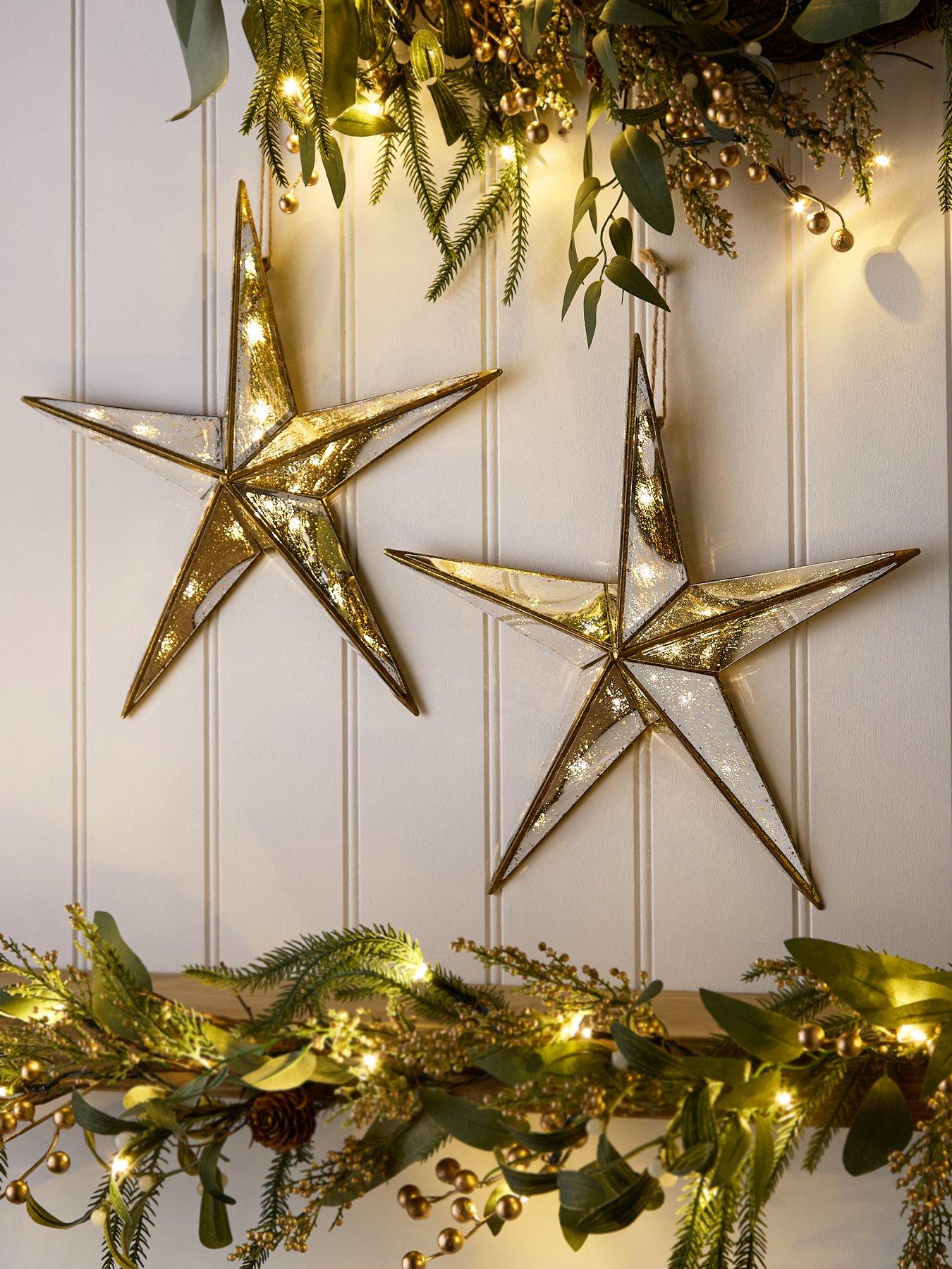 Very Home Set of 2 Mercury Glass Light Up Star Christmas Decorations