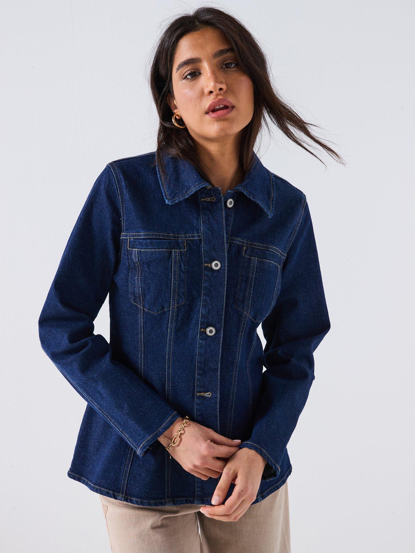 blue denim long denim blazer womens