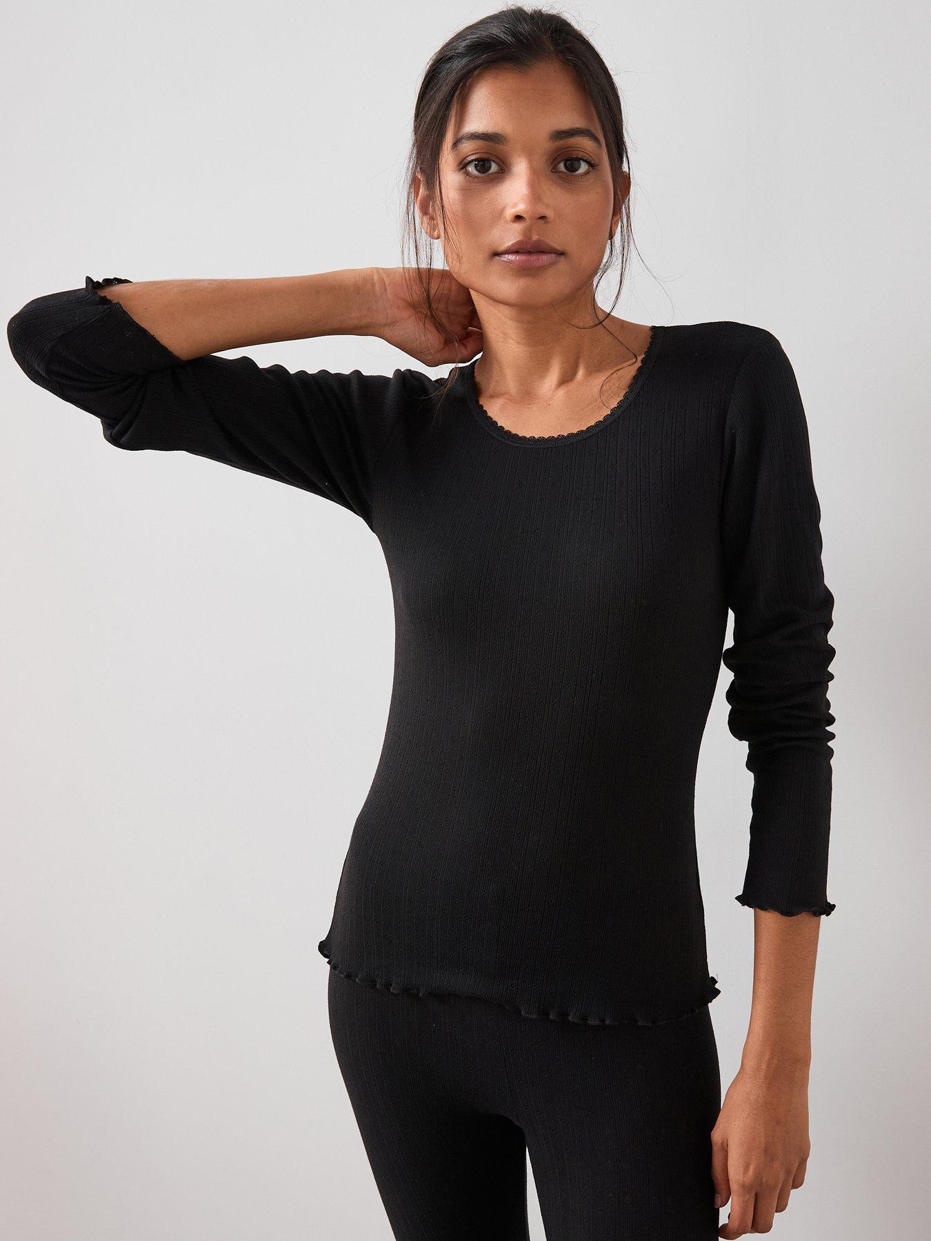 The Very Collection Pointelle Thermal Long Sleeve Top Black
