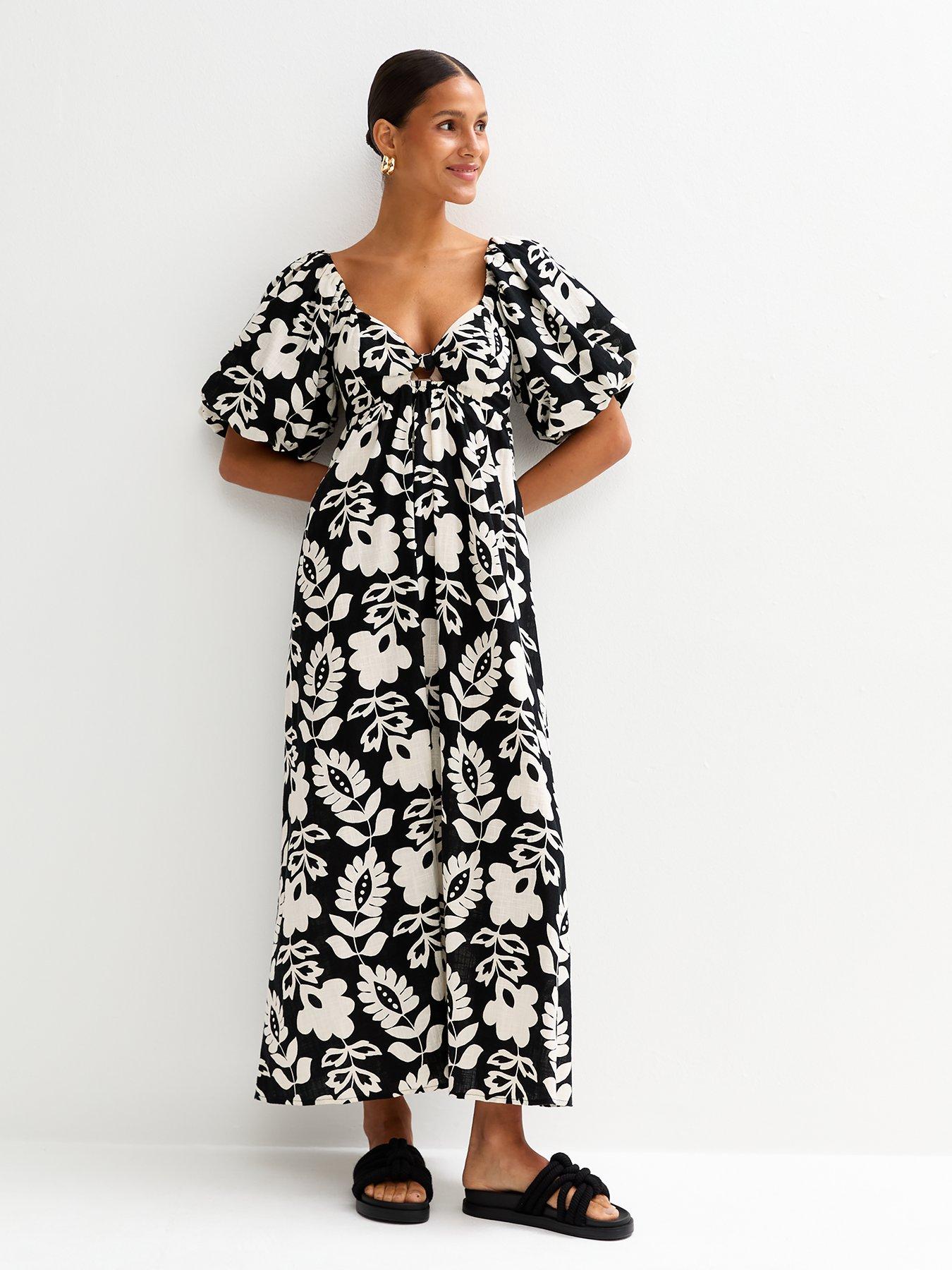 undefined Folk Floral Print Puff Sleeve Midi Dress - Black