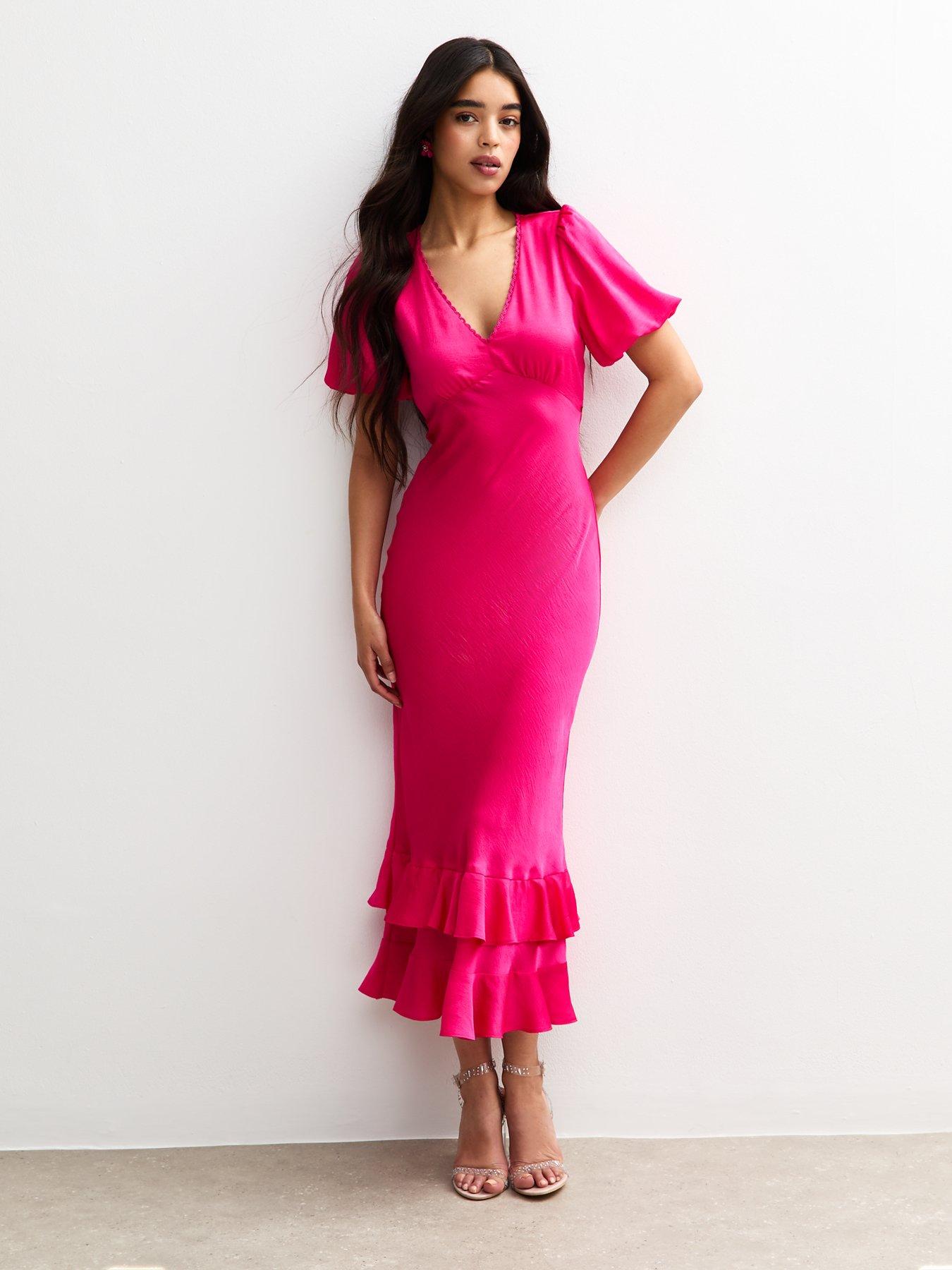 undefined Satin Puff Sleeve Ruffled Midi Dress - Pink