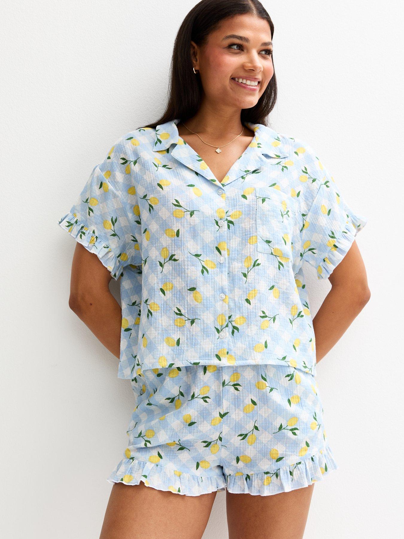 undefined Lemon Gingham Print Textured Revere Collar Pyjama Set - Blue