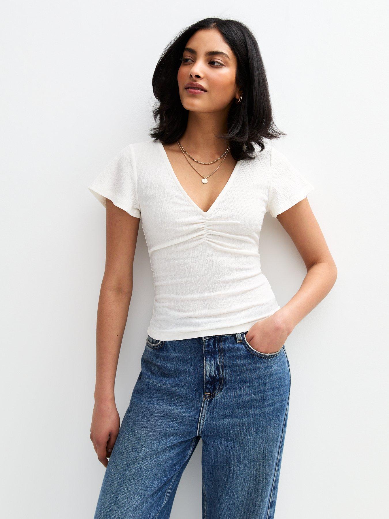 undefined Off White Ruched Crinkled Top - Cream