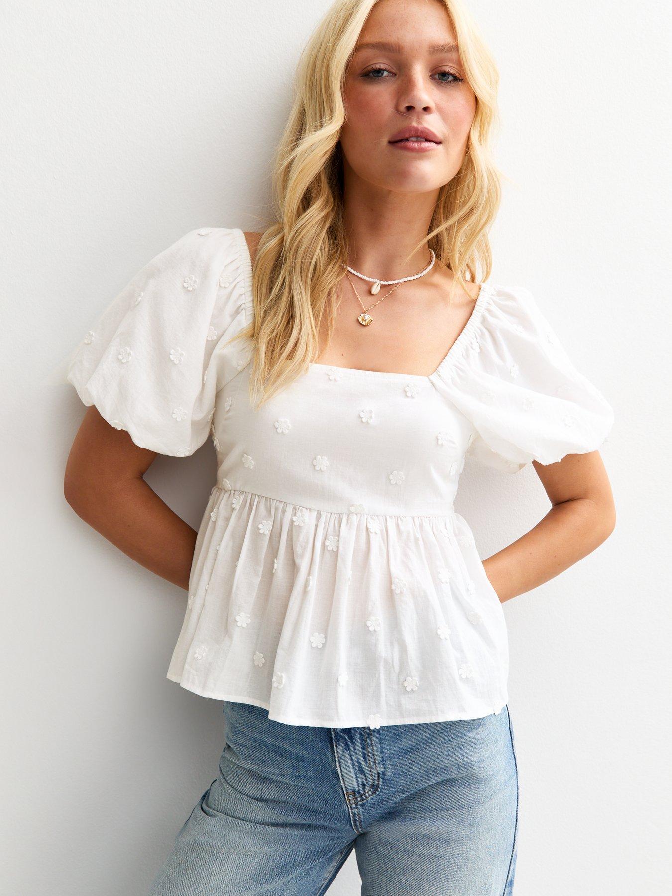 undefined Daisy Embroidery Puff Sleeve Milkmaid Top - White
