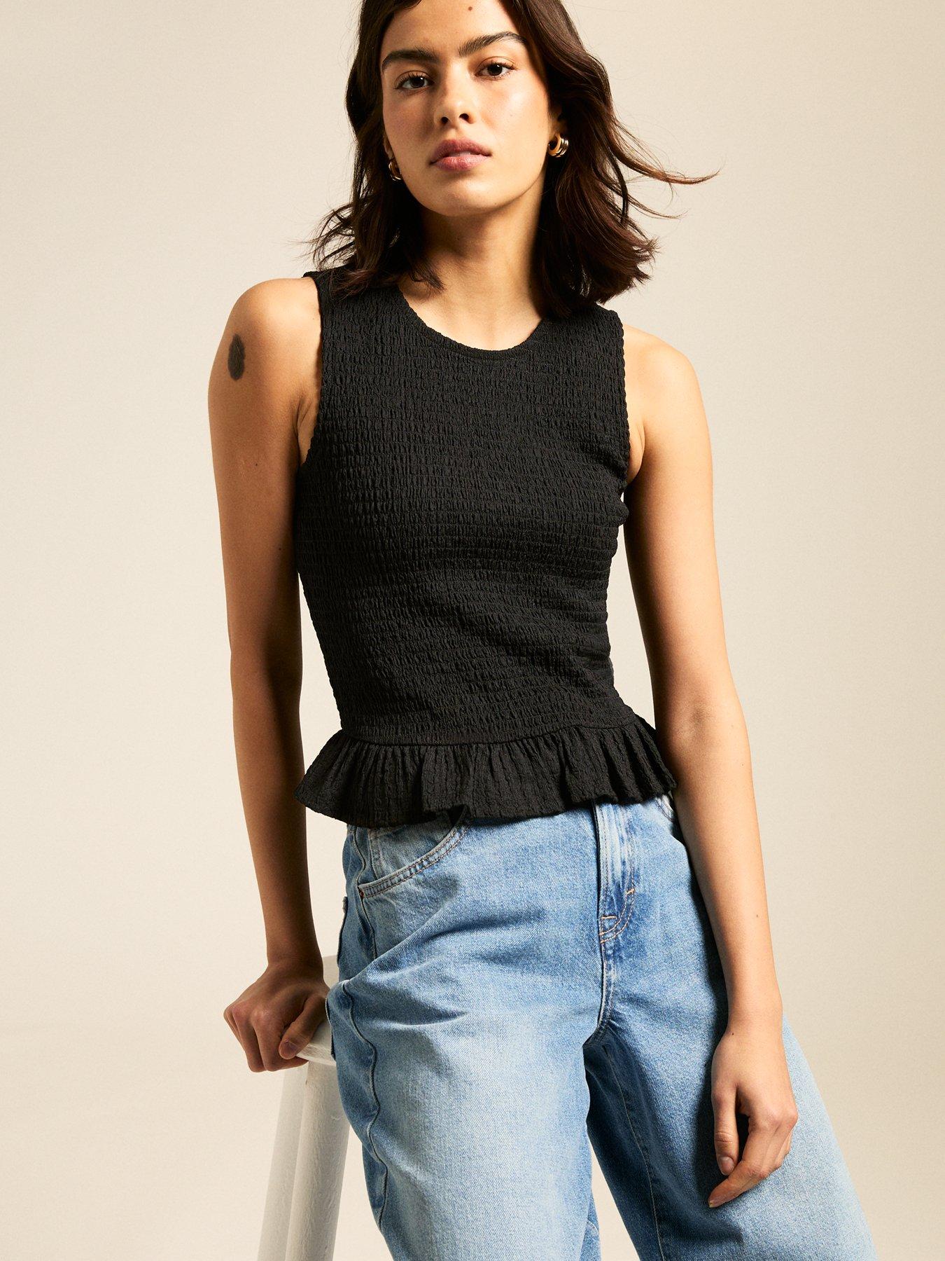 undefined Shirred Peplum Hem Top - Black
