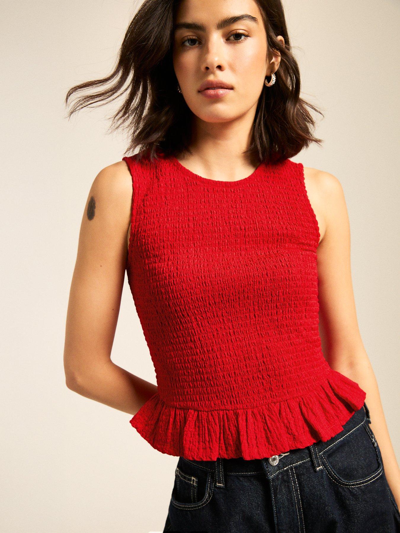 undefined Shirred Peplum Hem Top - Bright Red