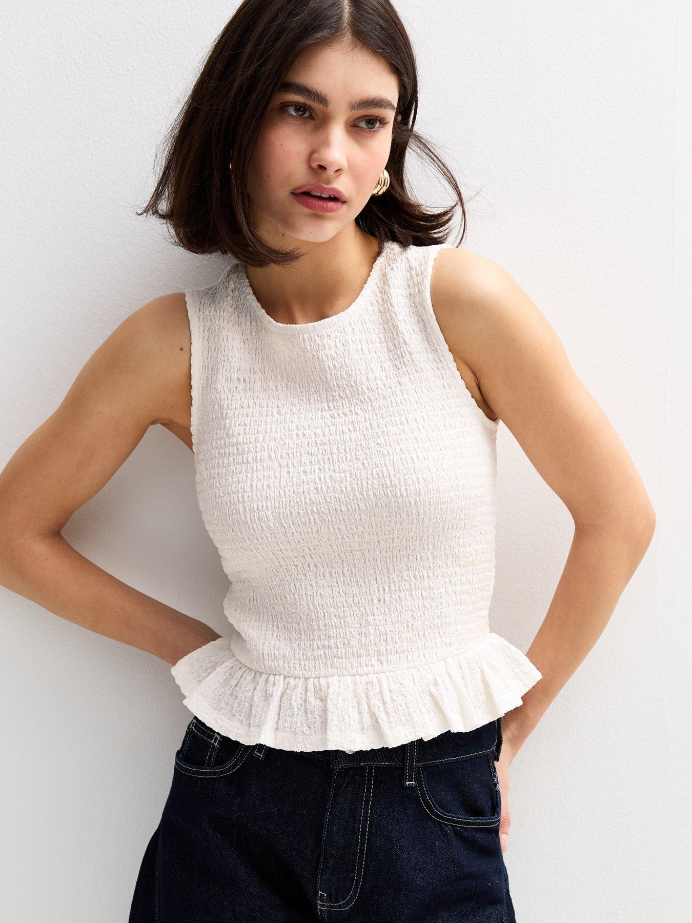 undefined Shirred Peplum Hem Top - White