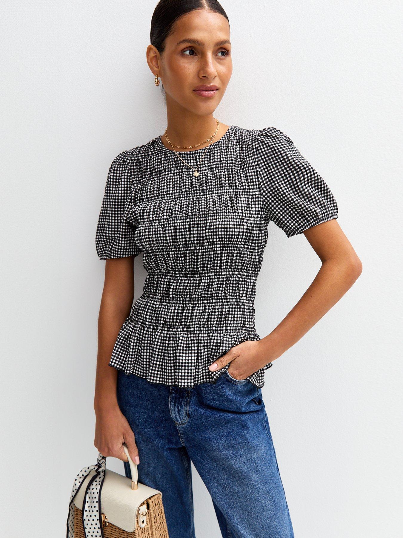 undefined Gingham Checked Shirred Tiered Peplum Top - Black