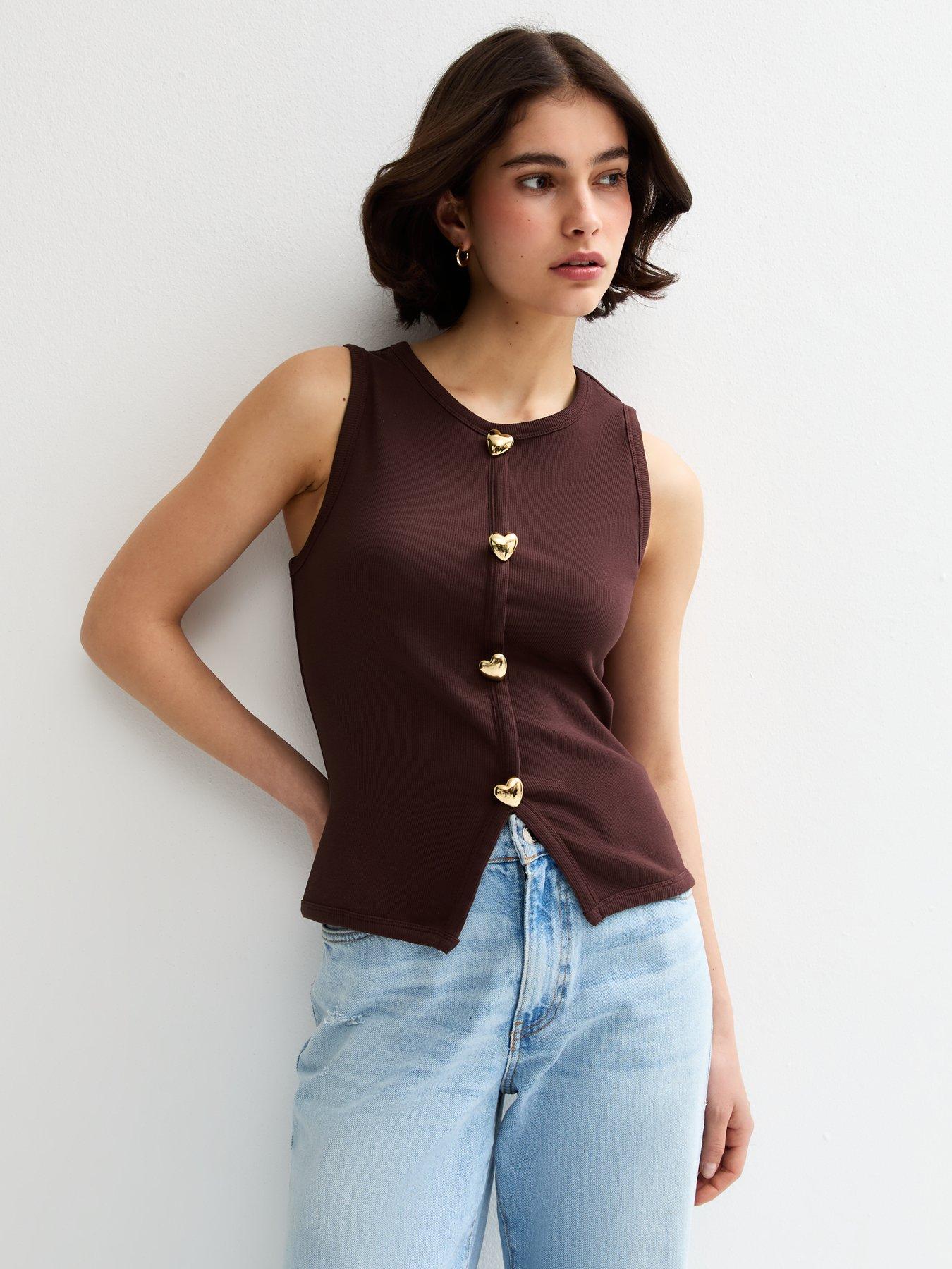 undefined Heart Button Ribbed Vest - Brown