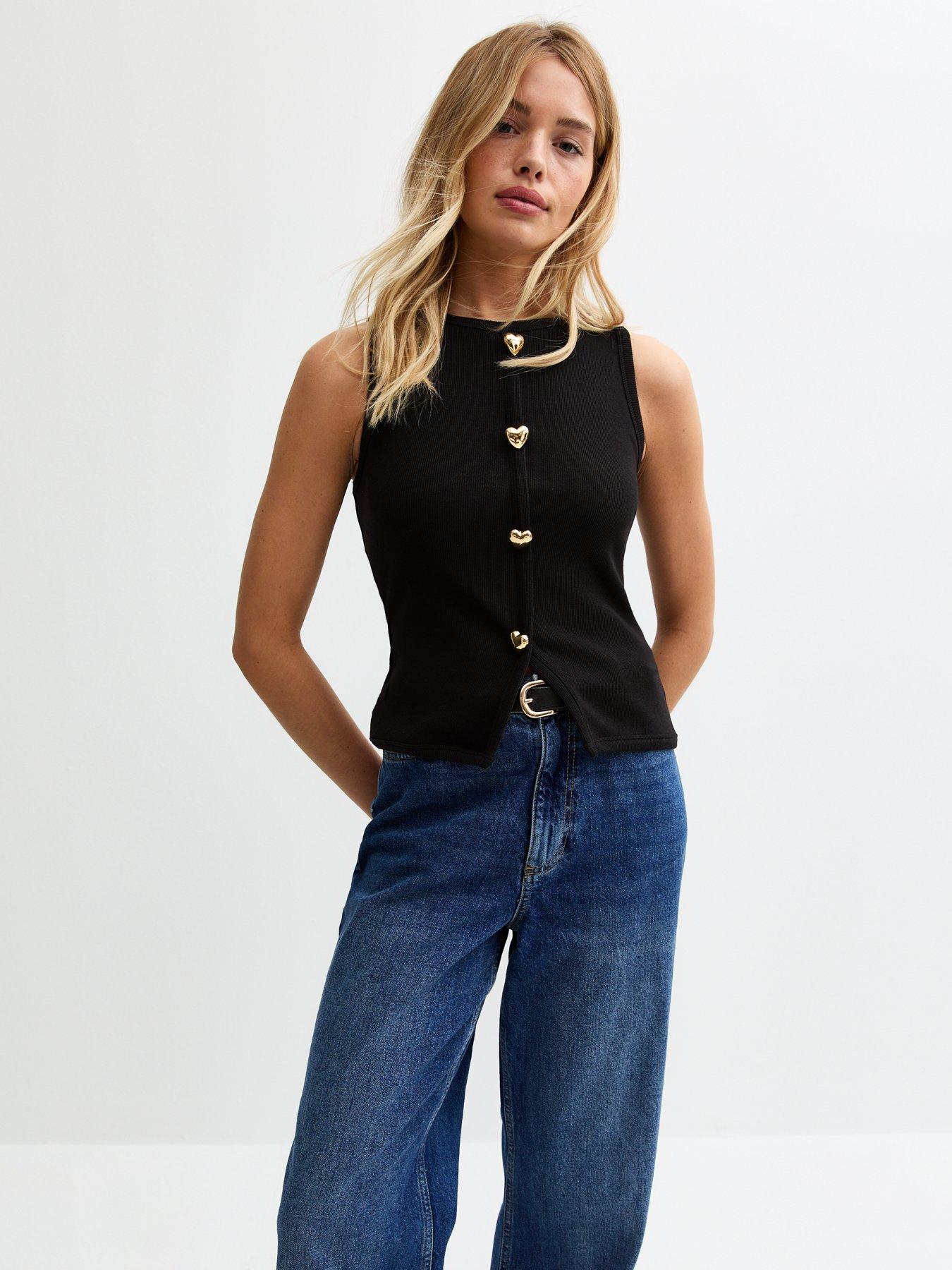 undefined Heart Button Ribbed Vest - Black