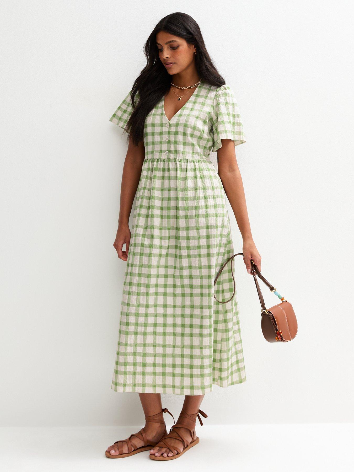 undefined Gingham Check V-Neck Button Front Midi Dress - Green