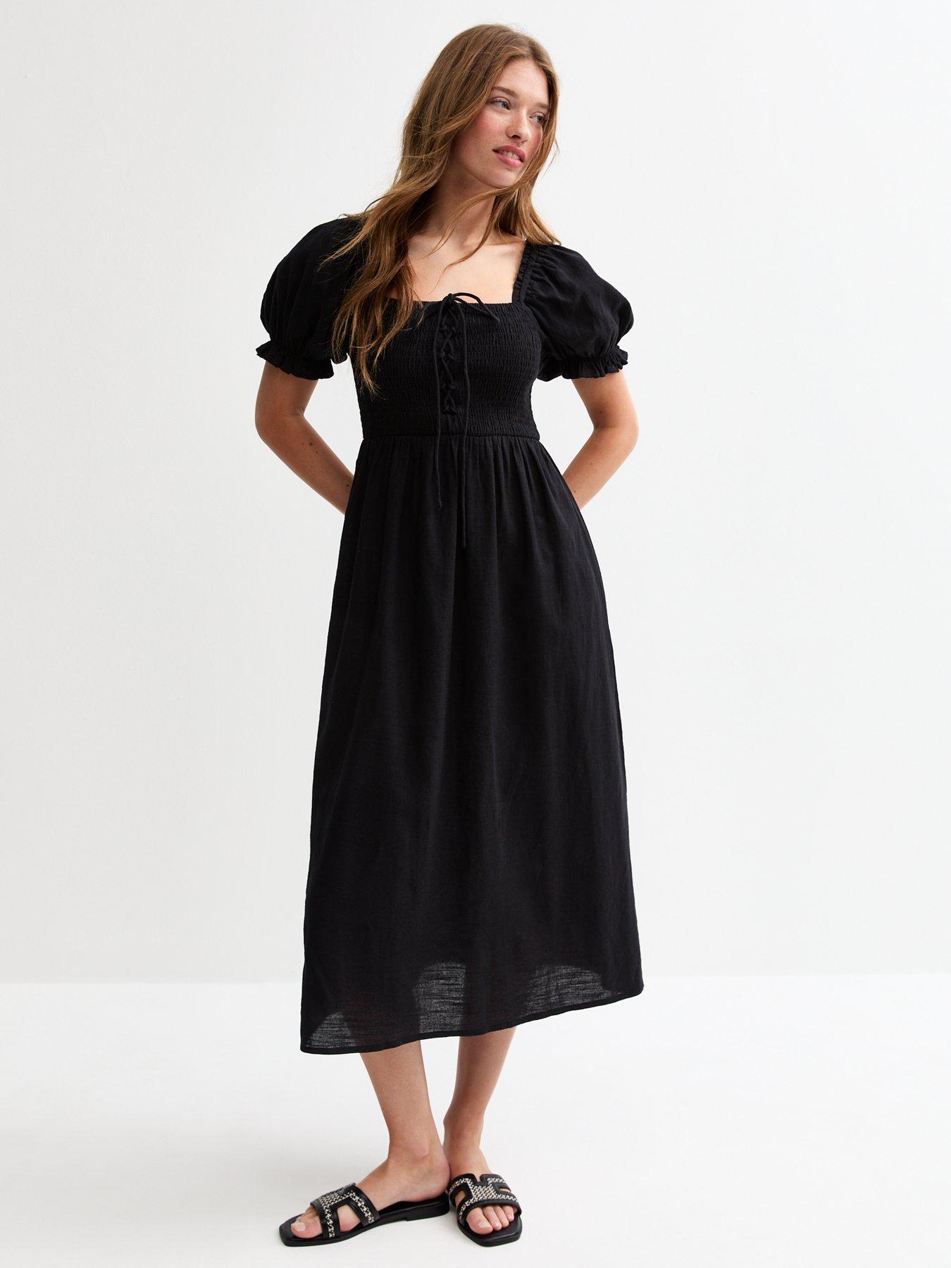 undefined Tie Front Shirred Midi Dress - Black