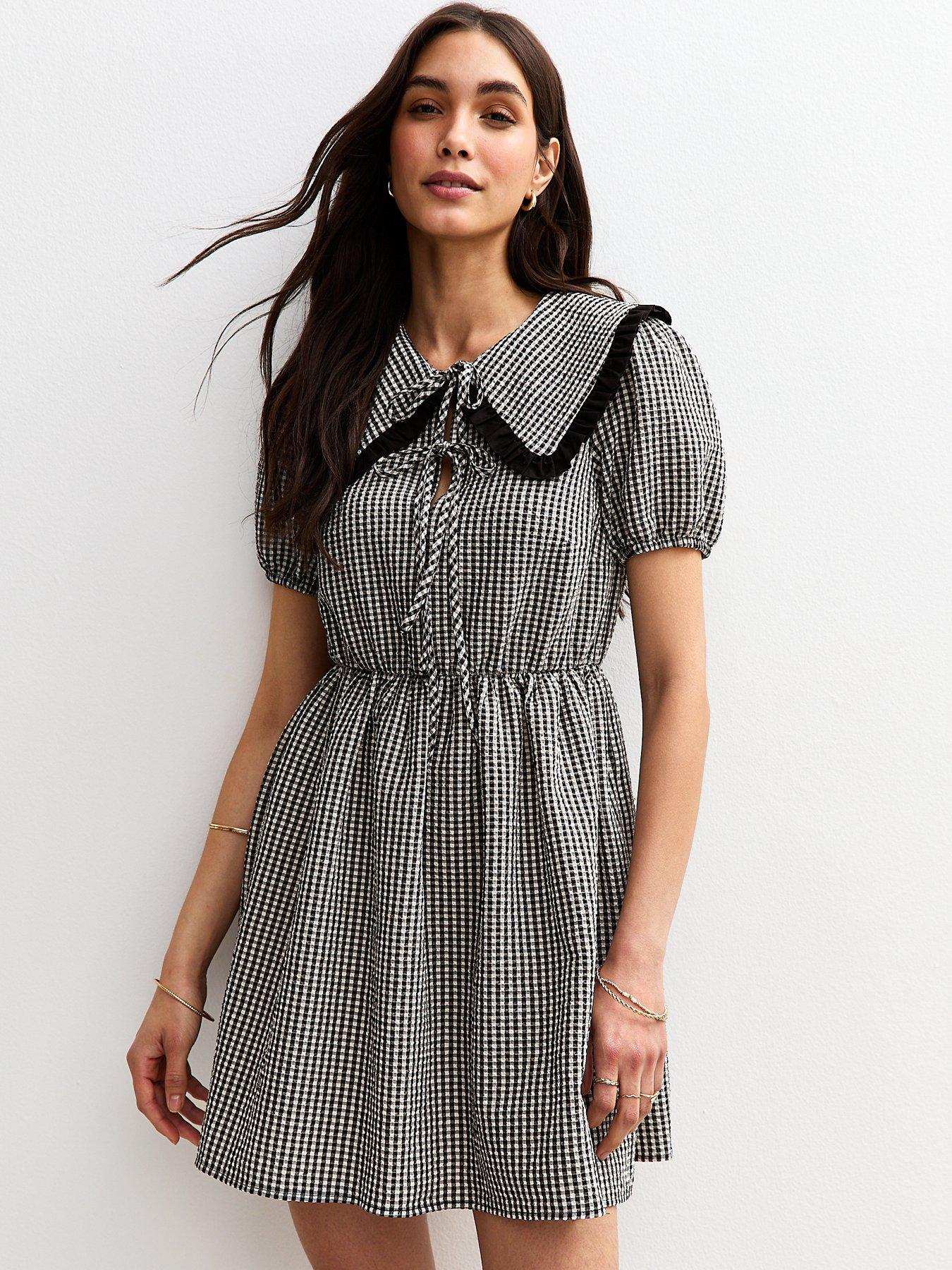 Image 1 of 4 of New Look Georgie Gingham Collar Tie Front Mini Dress&nbsp;- Black