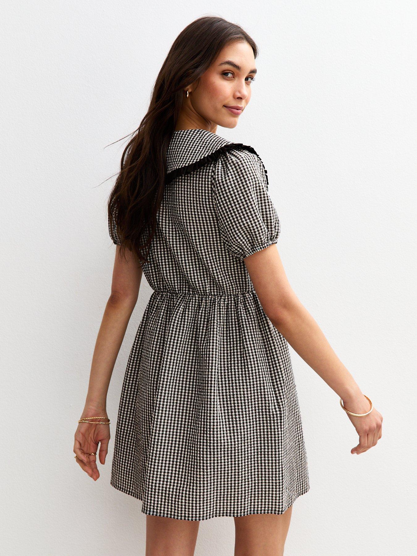 Image 2 of 4 of New Look Georgie Gingham Collar Tie Front Mini Dress&nbsp;- Black