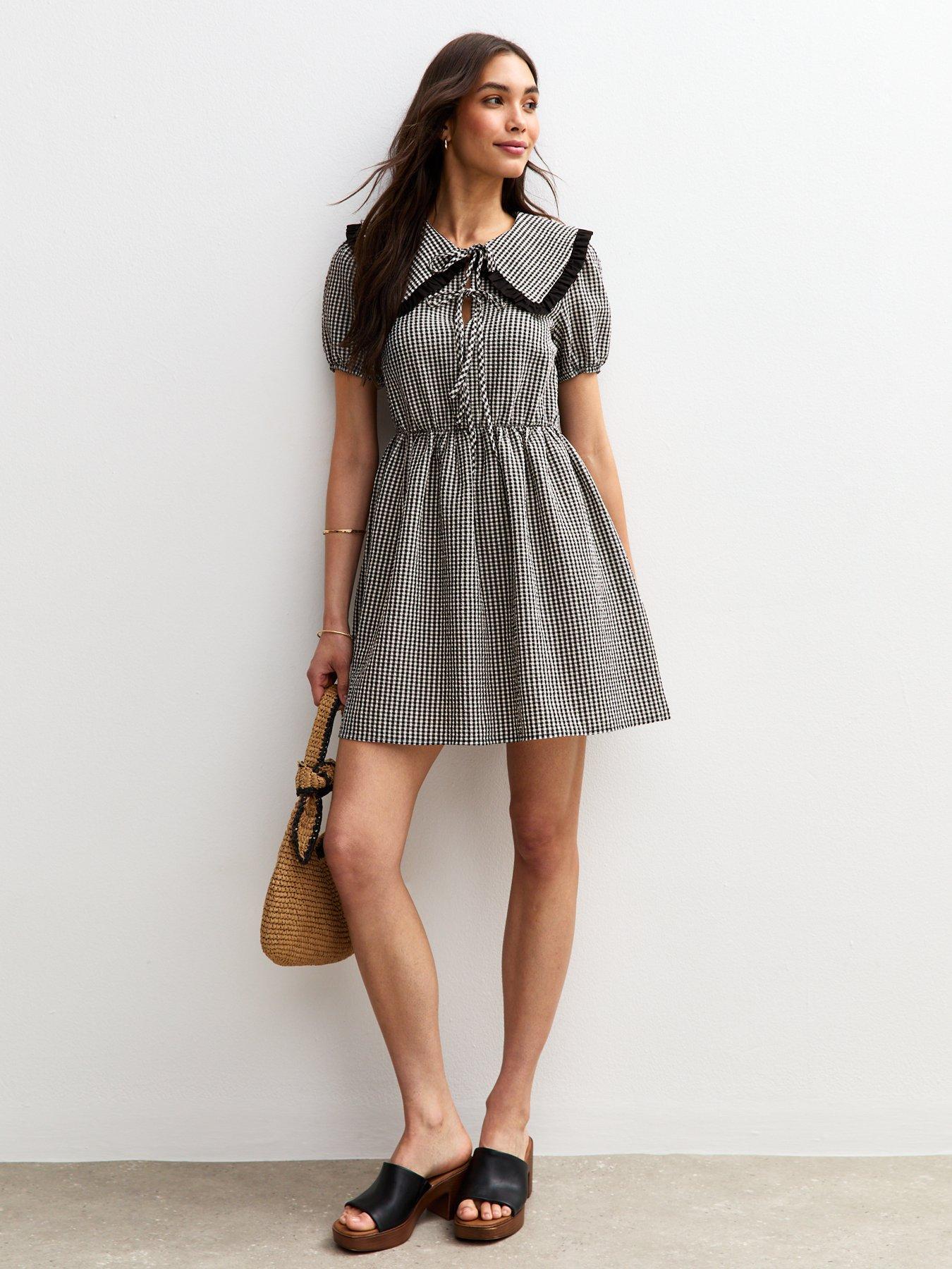 Image 3 of 4 of New Look Georgie Gingham Collar Tie Front Mini Dress&nbsp;- Black