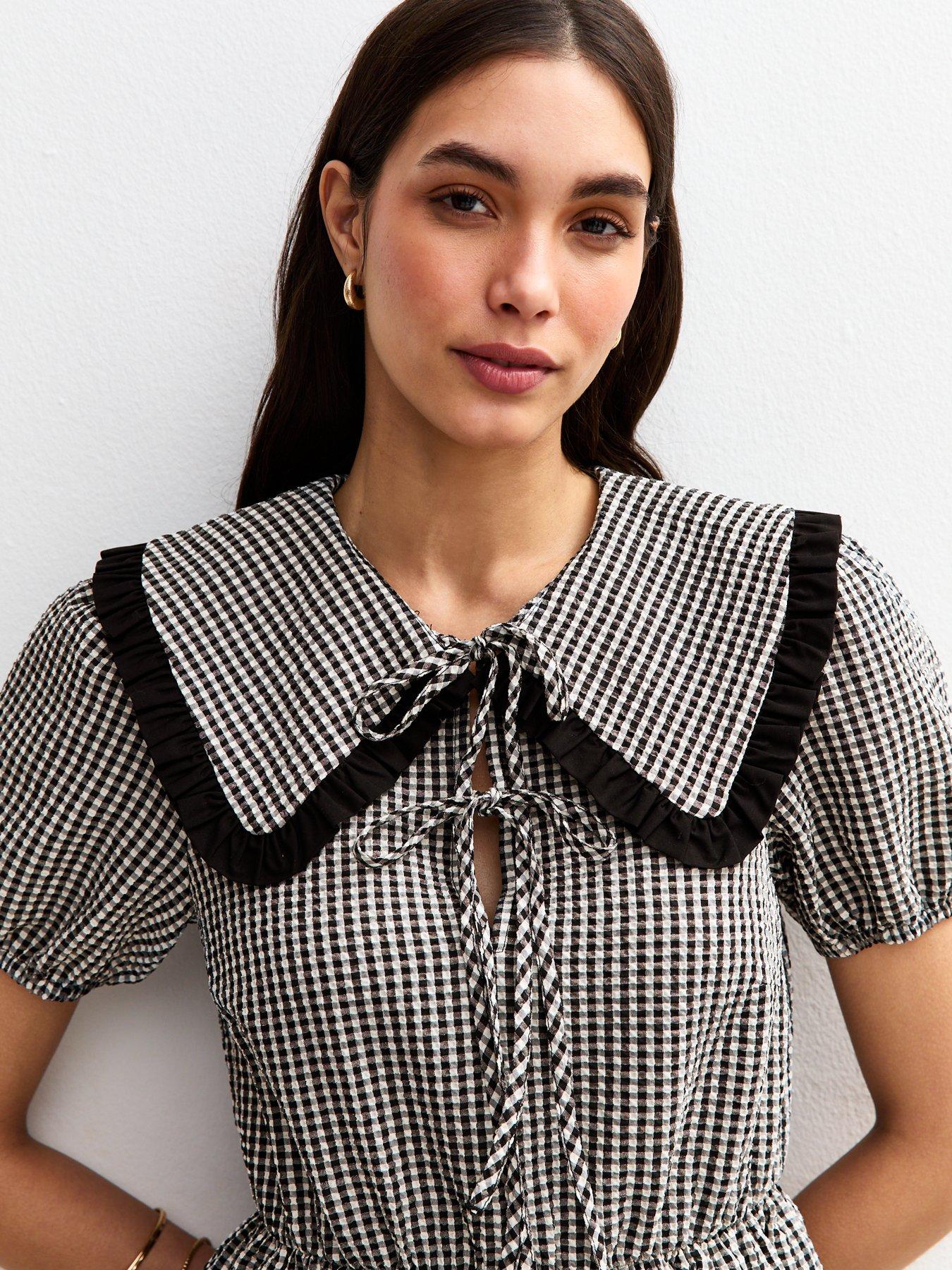 Image 4 of 4 of New Look Georgie Gingham Collar Tie Front Mini Dress&nbsp;- Black