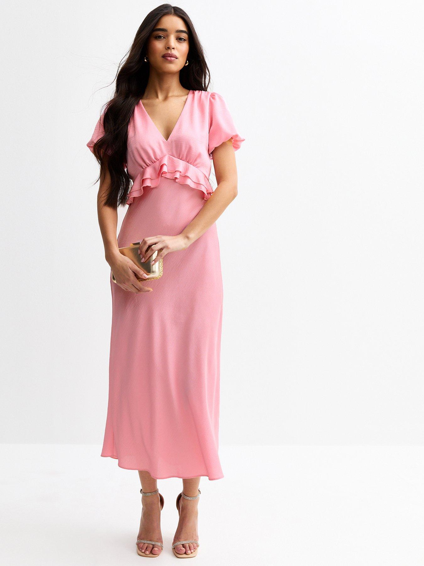 undefined V-Neck Satin Ruffled Midi Dress - Pink