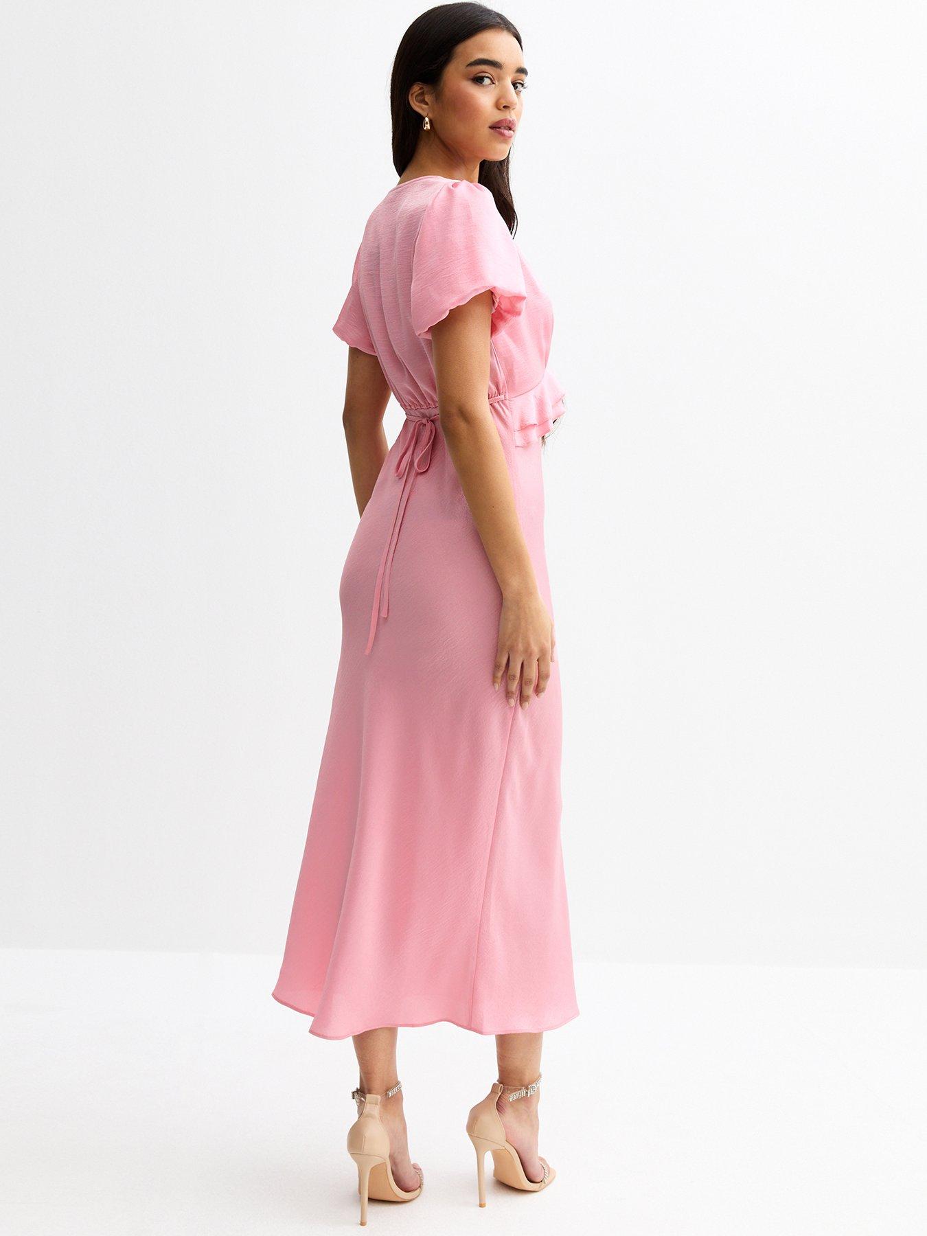 Image 2 of 4 of New Look V-Neck Satin Ruffled Midi Dress - Pink