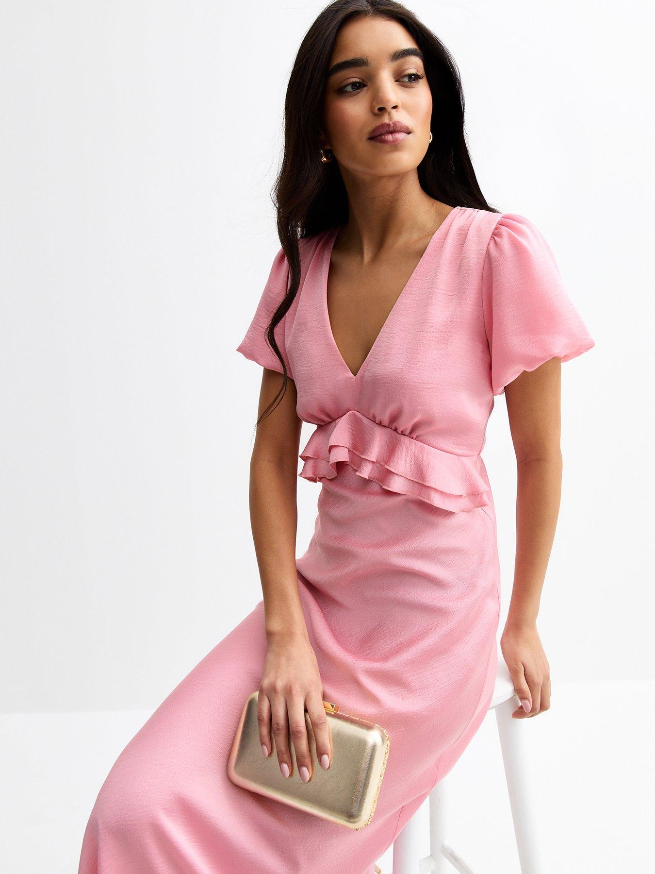 Image 3 of 4 of New Look V-Neck Satin Ruffled Midi Dress - Pink