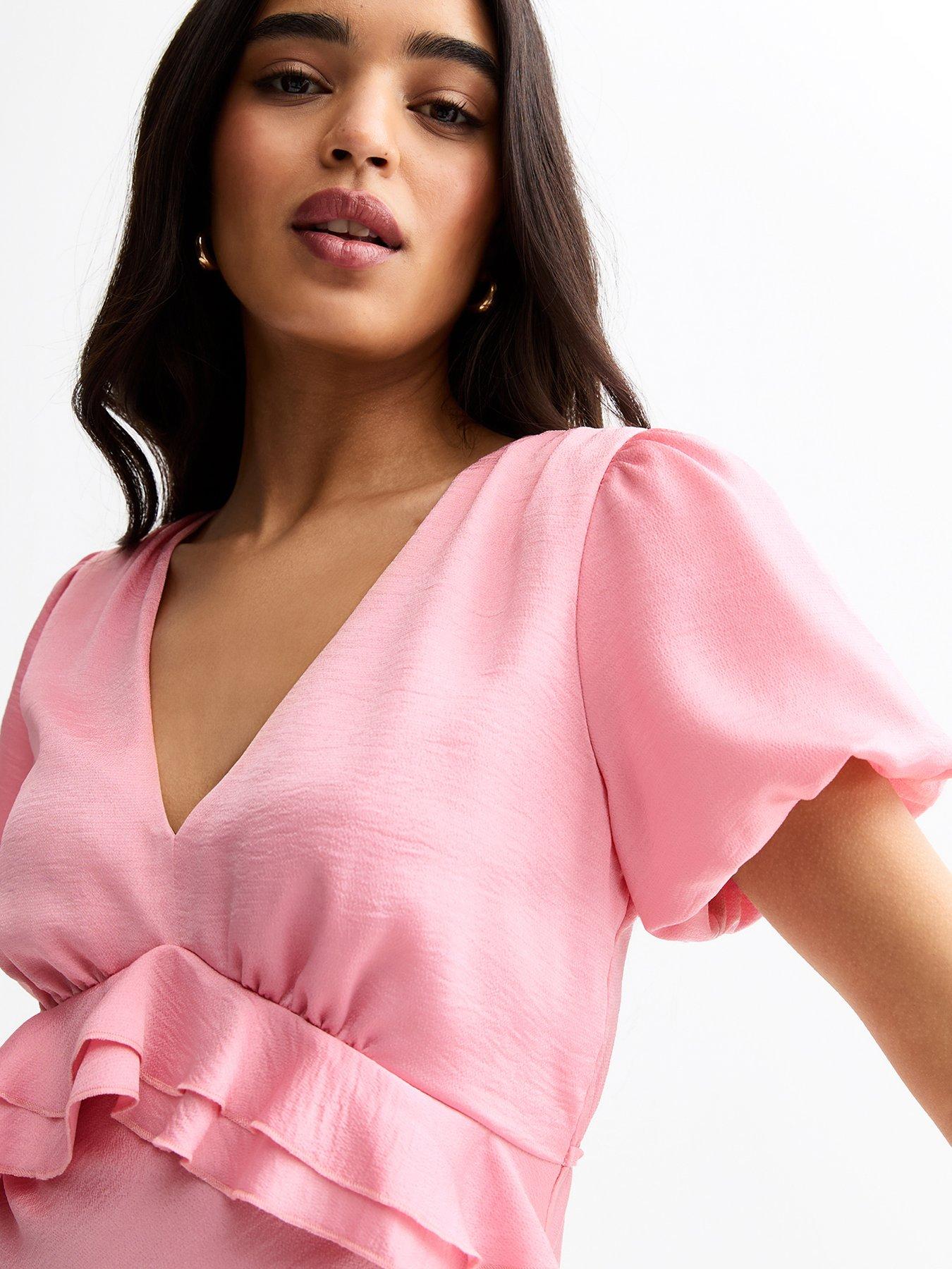 Image 4 of 4 of New Look V-Neck Satin Ruffled Midi Dress - Pink
