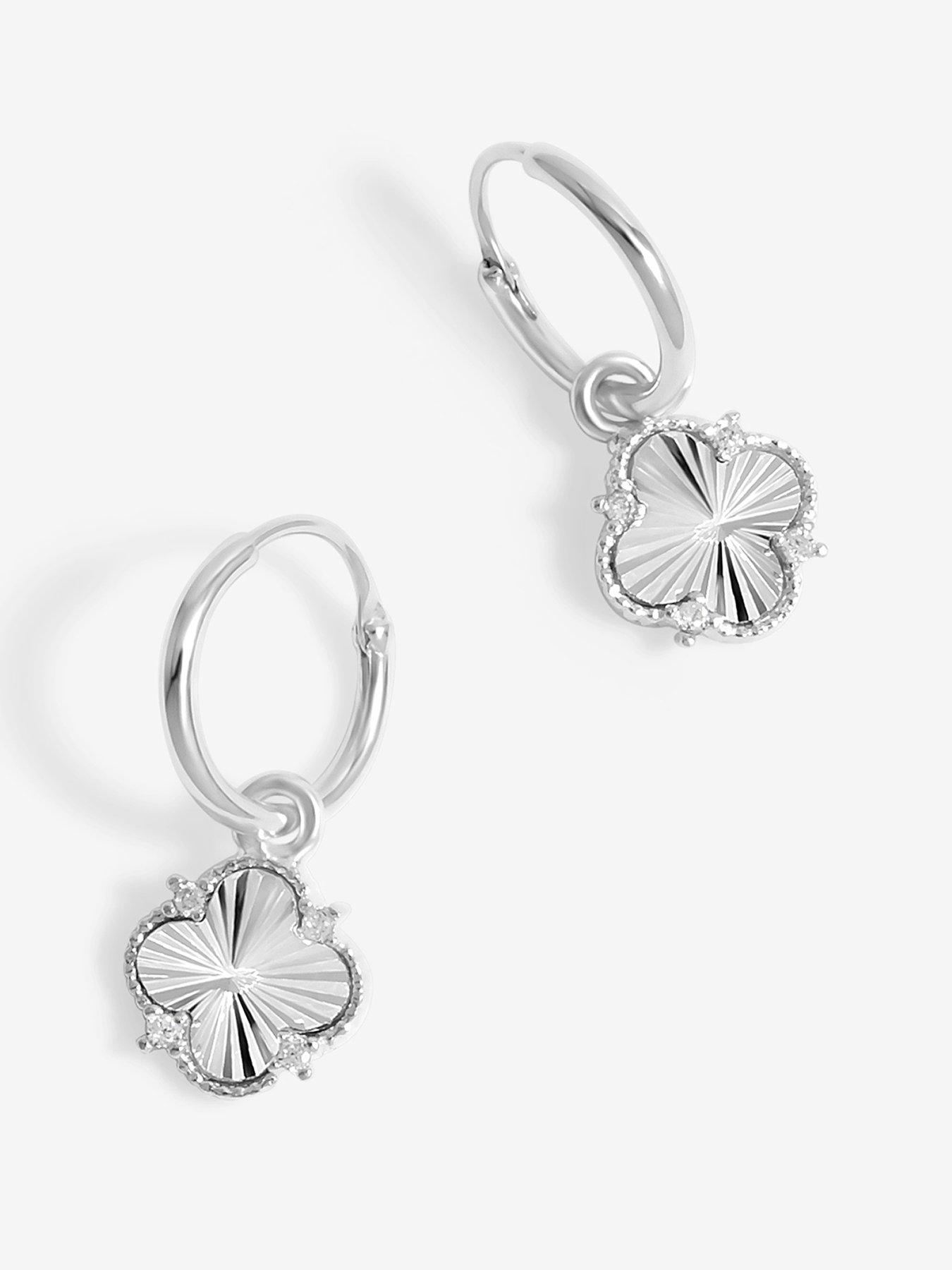 undefined Sterling Silver 925 Diamond Cut Clover Huggie Hoop Earrings