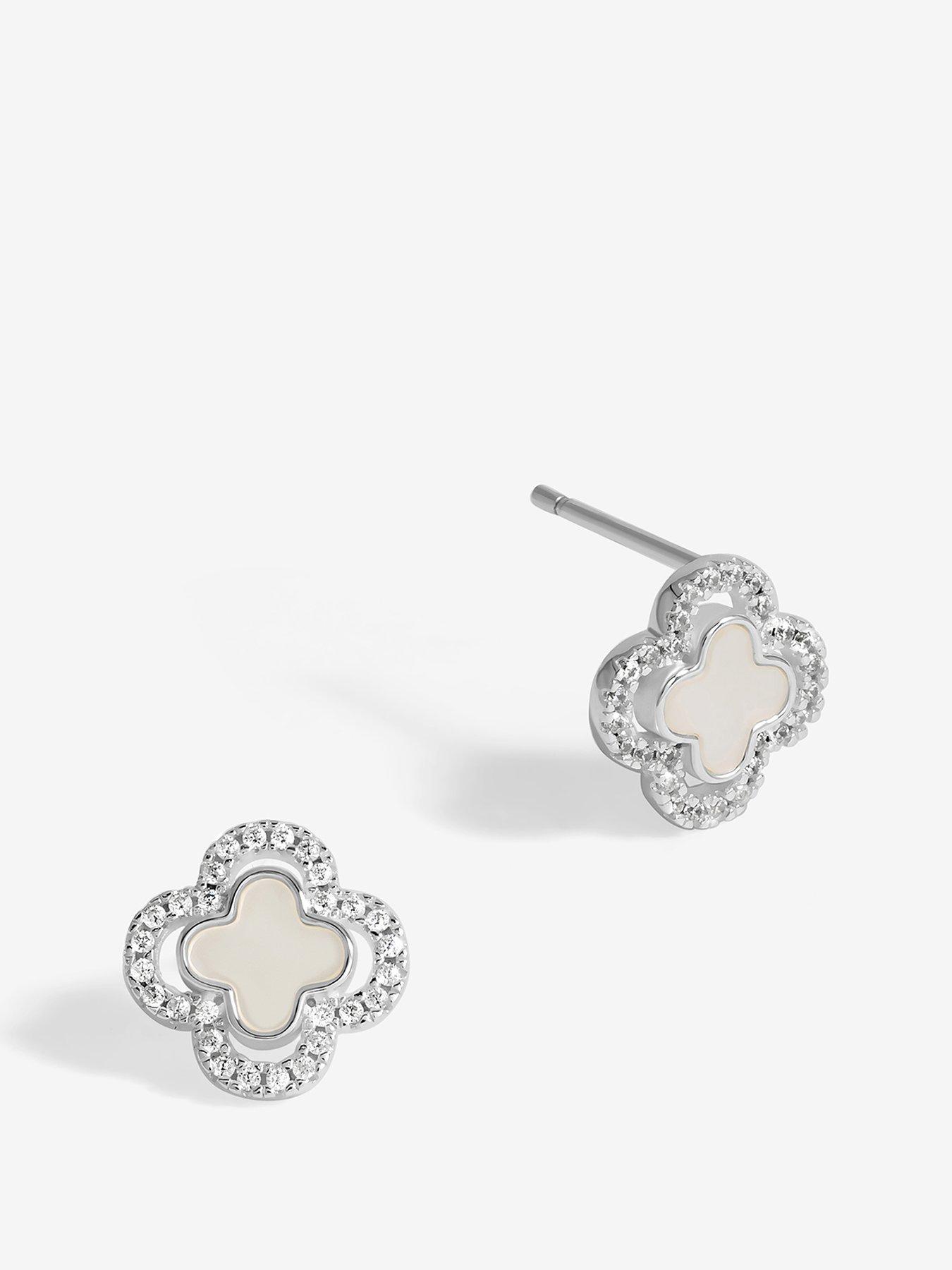 undefined Sterling Silver 925 Mother Of Pearl and Cubic Zirconia Clover stud Earrings