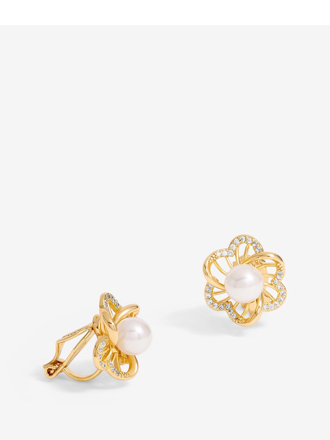 undefined Gold Plated Cubic Zirconia And Pearl Flower Clip Earrings