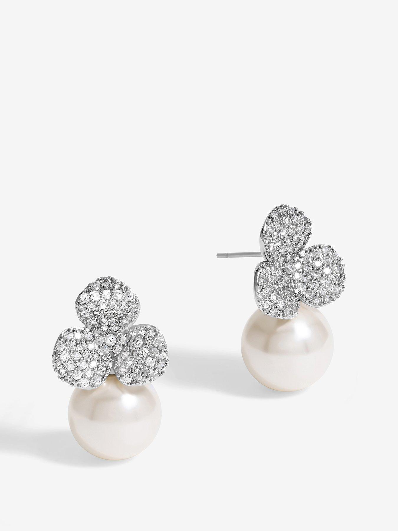 Image 1 of 3 of Jon Richard Rhodium Plated Flower And Pearl Earrings